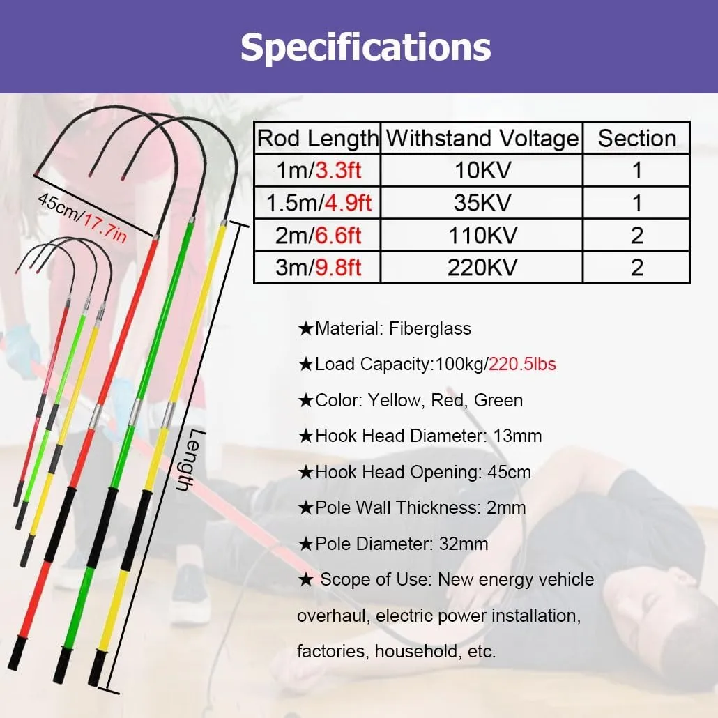 3.3-9.8' Rescue Hook Hot Stick 220 Lbs, 10-220 Kv High Voltage Insulated Anti-Electrocution Rescue Hook with Telescopic Pole(Green,3.0m/9.8ft)