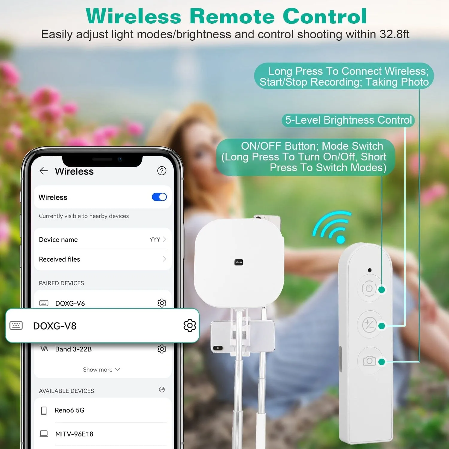 360° Rotatable Dual Phone Holder with Rechargeable Wireless Remote V8