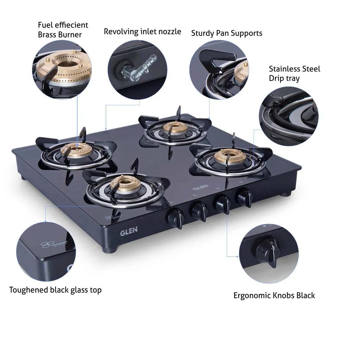 4 Burner Glass Gas Stove with Brass Burner, Black (1043 GT BB BL) - Manual/Auto Ignition