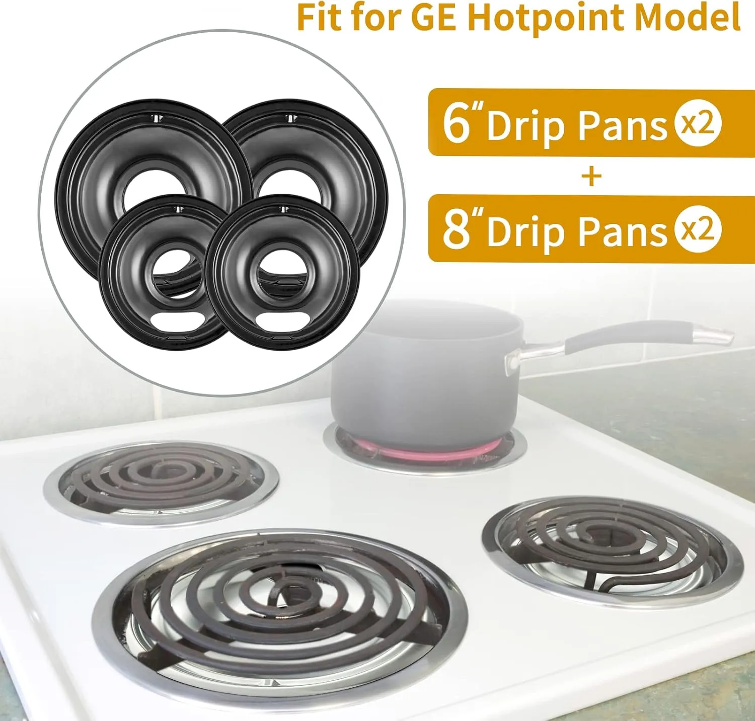 4 Pack Black Cooktop Drip Pans, Compatible with GE Hotpoint Stove. Include 2 Pcs 6'' Range Replacement Drip Pans and 2 Pcs 8 '' Burner Drip Pans for Electric Stove Top