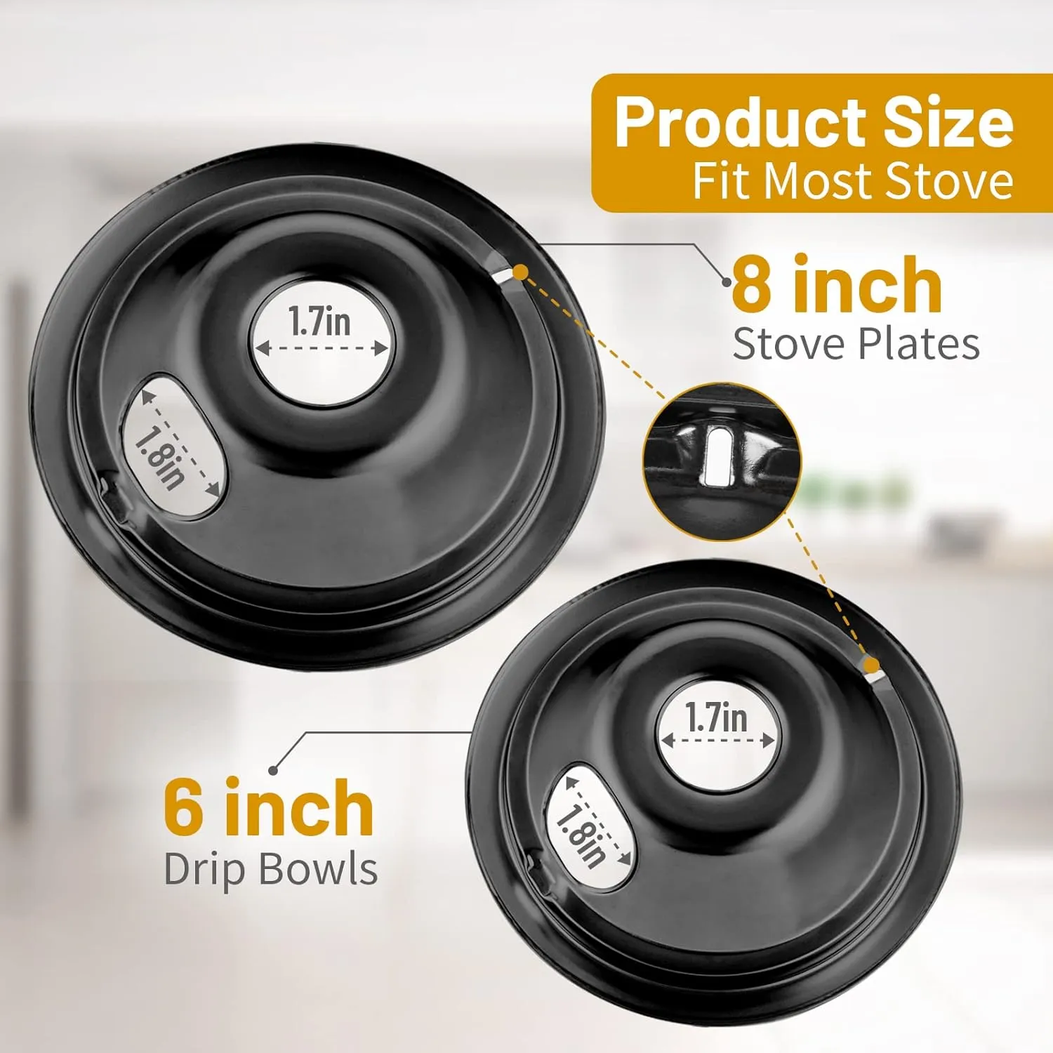 4 Pack Black Cooktop Drip Pans, Compatible with GE Hotpoint Stove. Include 2 Pcs 6'' Range Replacement Drip Pans and 2 Pcs 8 '' Burner Drip Pans for Electric Stove Top