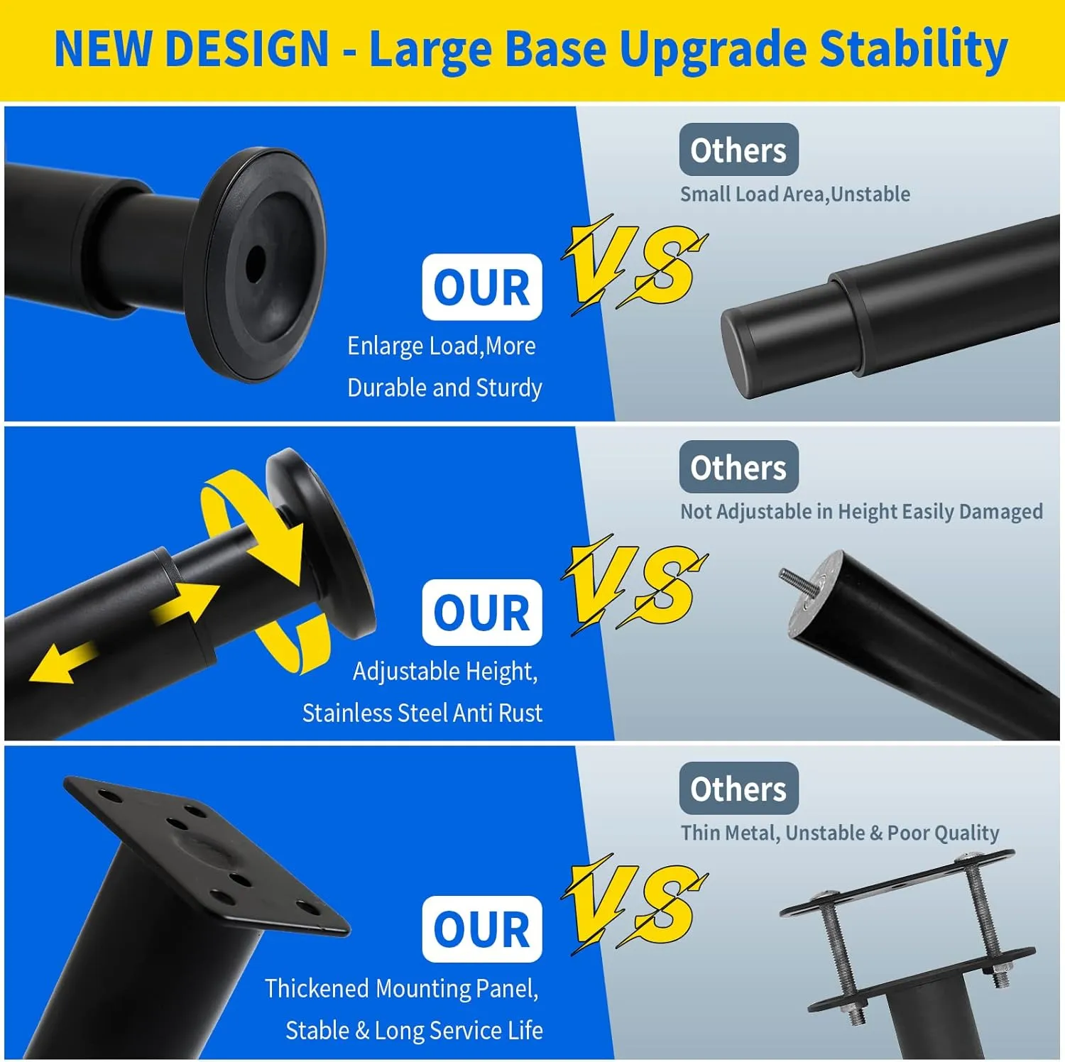 4 Pcs Adjustable Height Furniture Support Legs [with Screws] 3.15-4.72 inch, Metal Heavy Duty Furniture Replacement Legs for Chair/Bed/Sofa/Cabinet/Couch/Dresser/Bed/Table (Black)