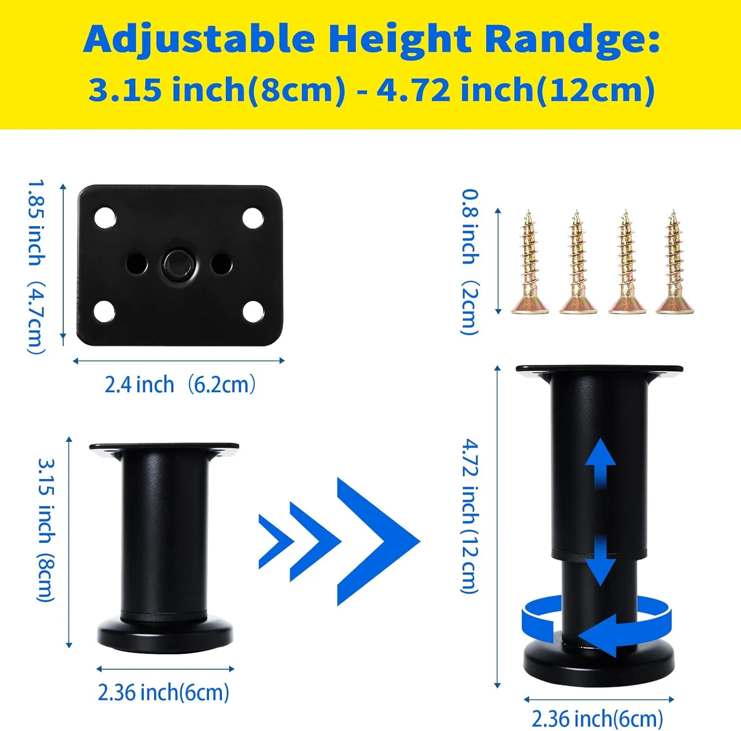 4 Pcs Adjustable Height Furniture Support Legs [with Screws] 3.15-4.72 inch, Metal Heavy Duty Furniture Replacement Legs for Chair/Bed/Sofa/Cabinet/Couch/Dresser/Bed/Table (Black)