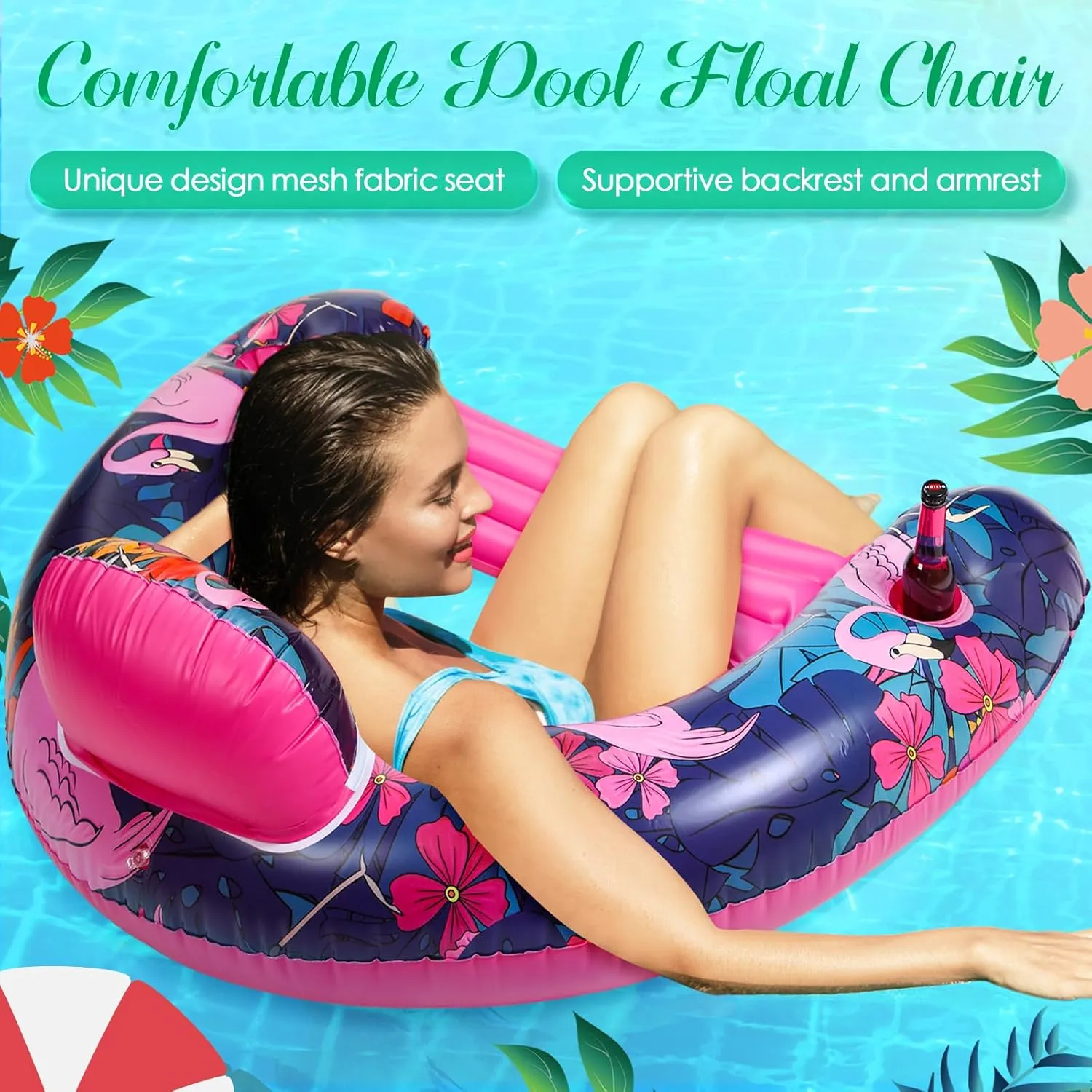 4 Pcs Hawaiian Pool Float Chair for Adults, Inflatable Water Lounge Floatie with Tropical Print Backrest and Double Cup Holder, Heavy Duty Summer Pool Toys for Beach Relaxing