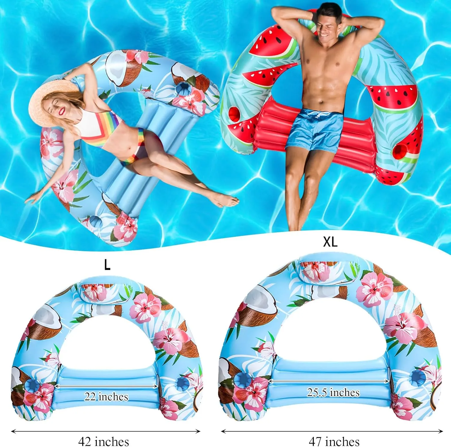 4 Pcs Hawaiian Pool Float Chair for Adults, Inflatable Water Lounge Floatie with Tropical Print Backrest and Double Cup Holder, Heavy Duty Summer Pool Toys for Beach Relaxing
