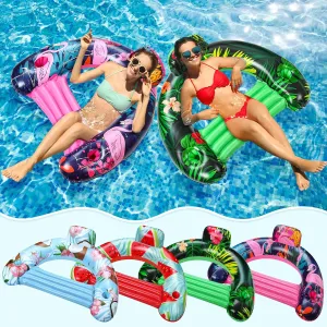4 Pcs Hawaiian Pool Float Chair for Adults, Inflatable Water Lounge Floatie with Tropical Print Backrest and Double Cup Holder, Heavy Duty Summer Pool Toys for Beach Relaxing