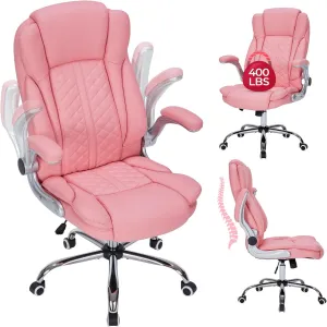 400lbs Executive Office Chair With Flip-Up Armrests, Big and Tall Computer Chair for Heavy People, Heavy Duty Ergonomic Comfy Chair, Breathable PU Leather (Pink)