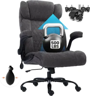 500lbs Big and Tall Fabric Office Chair Adjustable Lumbar Support for Back Pain, Extra Wide Seat Executive Chair Thick Armrest Pad, Heavy Duty Base&Upgraded Wheels, Ergonomic Comfy Computer Desk Chair