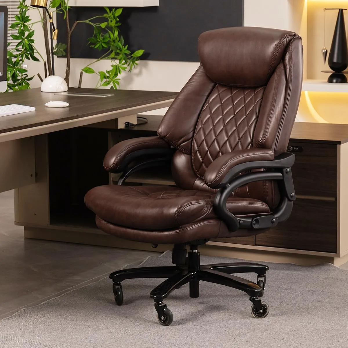500lbs Big and Tall Office Chair for Heavy People Executive Office Chair with Wide Spring Seat Computer Desk Chair 360 Swivel Home Office Desk Chair (Brown)