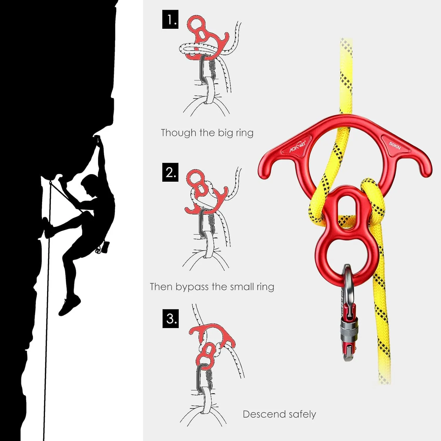 50KN Rescue Figure, 8 Descender Large Bent-Ear Belaying and Rappelling Gear Belay Device Climbing for Rock Climbing Peak Rescue 7075 Aluminum Alloy