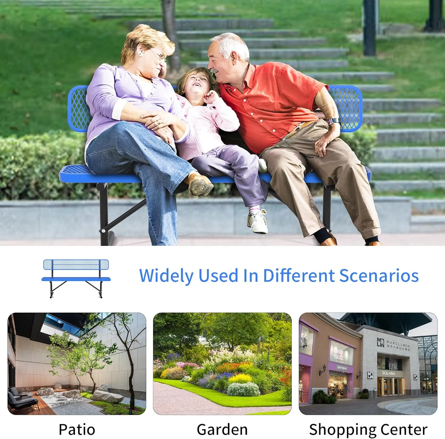 6 Feet Heavy Duty Metal Park Bench for Outside, Outdoor Steel Bench with Backrest & Portable Frame, Commercial Benches for Shopping Malls/Stores/Parks/Patios/Decks/School
