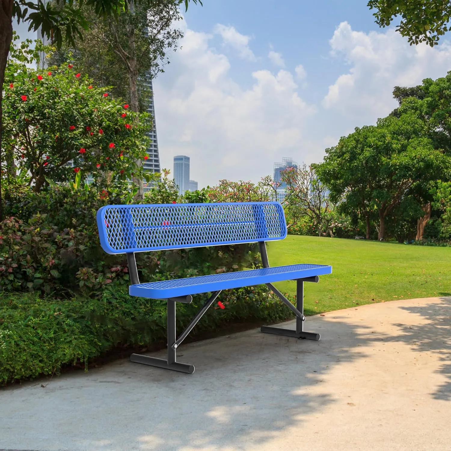 6 Feet Heavy Duty Metal Park Bench for Outside, Outdoor Steel Bench with Backrest & Portable Frame, Commercial Benches for Shopping Malls/Stores/Parks/Patios/Decks/School