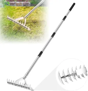 62" Thatch Rake, Adjustable Handle 15-Inch Wide Lawn Thatching Rake for Cleaning Dead Grass, 11 Curved Steel Tines Double-Sided Grass Grooming Dethatching Rakes for Garden Yard Lawn