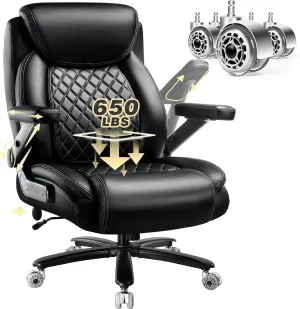 650LBS Big and Tall Office Chair with 5D Flip Arms and Thick Pocket Spring Cushion, Extra Wide Heavy Duty Office Chair with Adjustable Lumbar Support, Large High Back Computer Chair Dual Rubber Wheel