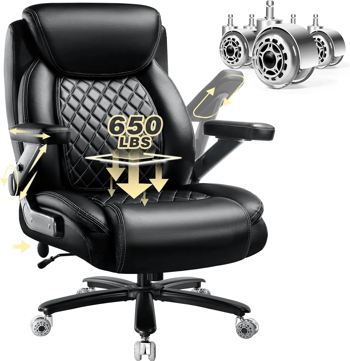 650LBS Big and Tall Office Chair with 5D Flip Arms and Thick Pocket Spring Cushion, Extra Wide Heavy Duty Office Chair with Adjustable Lumbar Support, Large High Back Computer Chair Dual Rubber Wheel