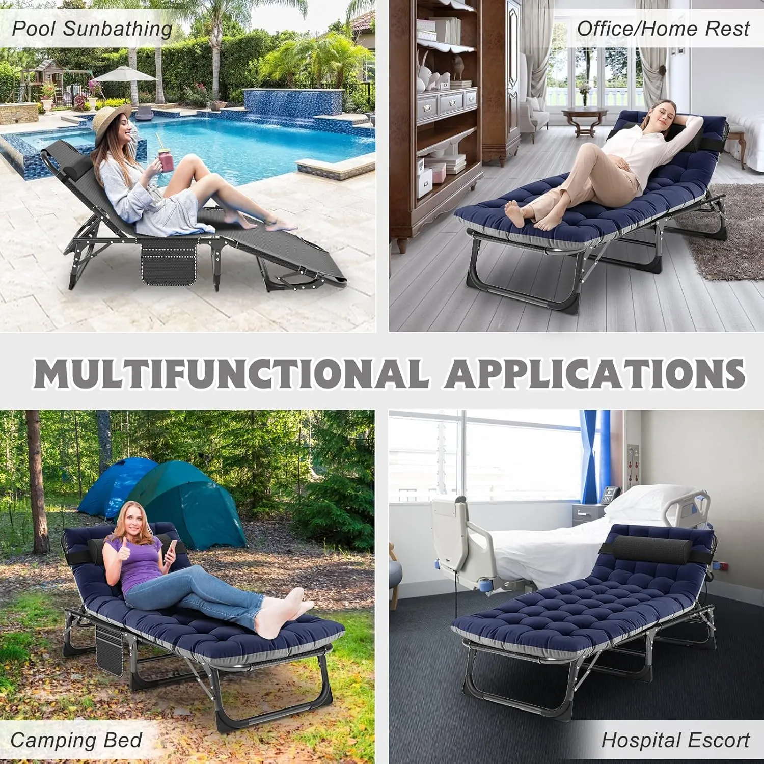 ABORON 5 Positions Camping Cots for Adults,Outdoor Folding Sleeping Cot/Mat,Folding Chaise Lounge Chair with Pillow,Portable Reclining Chair for Beach Lawn Camping Pool,Sunbathing Chairs