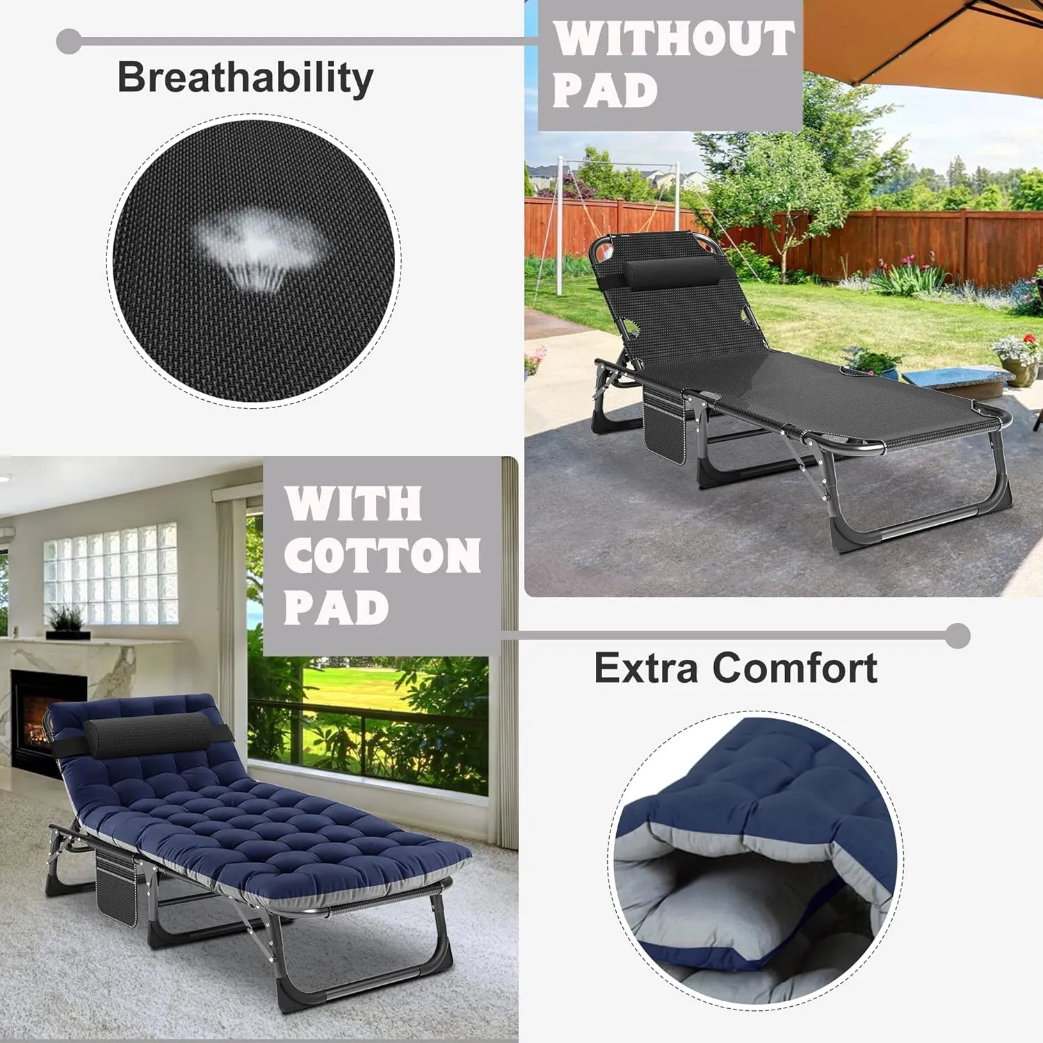 ABORON 5 Positions Camping Cots for Adults,Outdoor Folding Sleeping Cot/Mat,Folding Chaise Lounge Chair with Pillow,Portable Reclining Chair for Beach Lawn Camping Pool,Sunbathing Chairs
