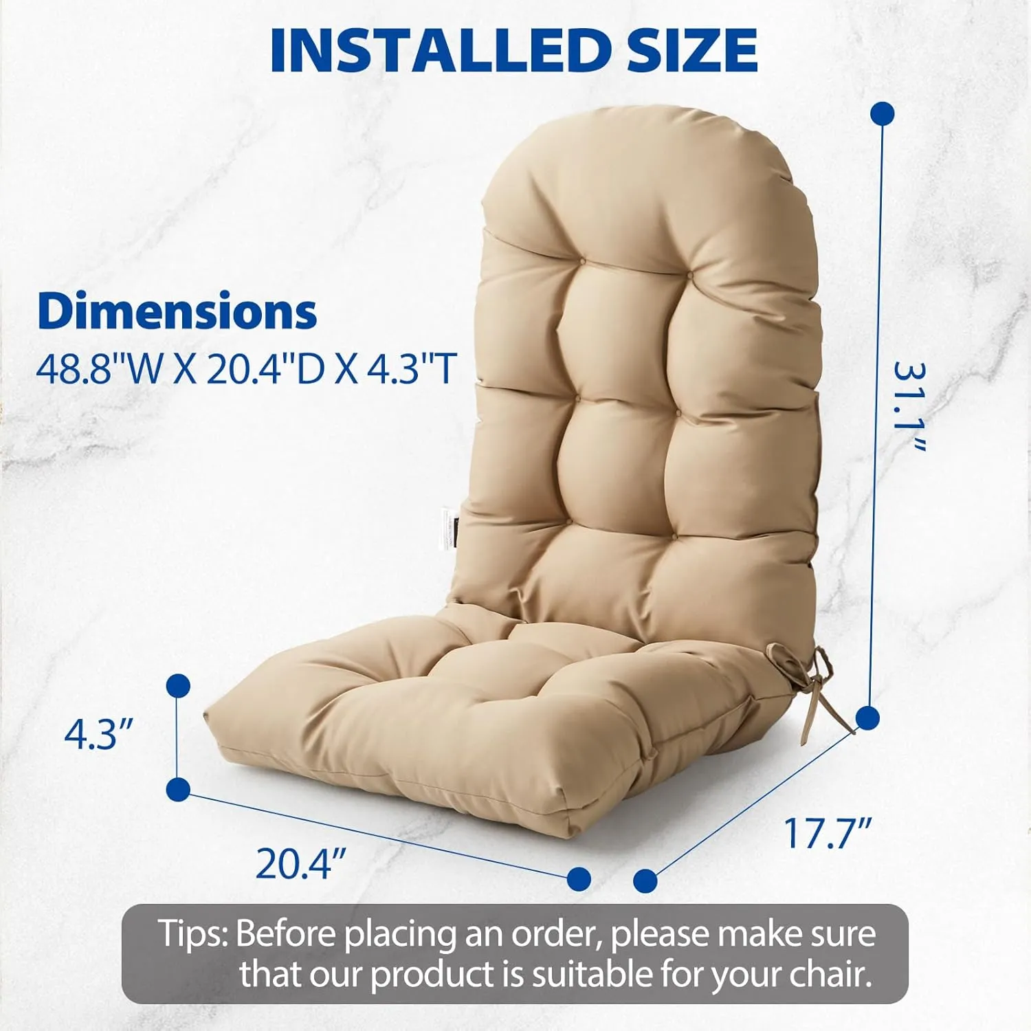 Adirondack Chair Cushion, High Back Patio Cushions with Adjustable Ties, 48.8 x 20.4 x 4.3, Waterproof Tufted Pillow, Fade Resistant Seat Rocking Chair Cushion for Indoor/Outdoor, Khaki, 1
