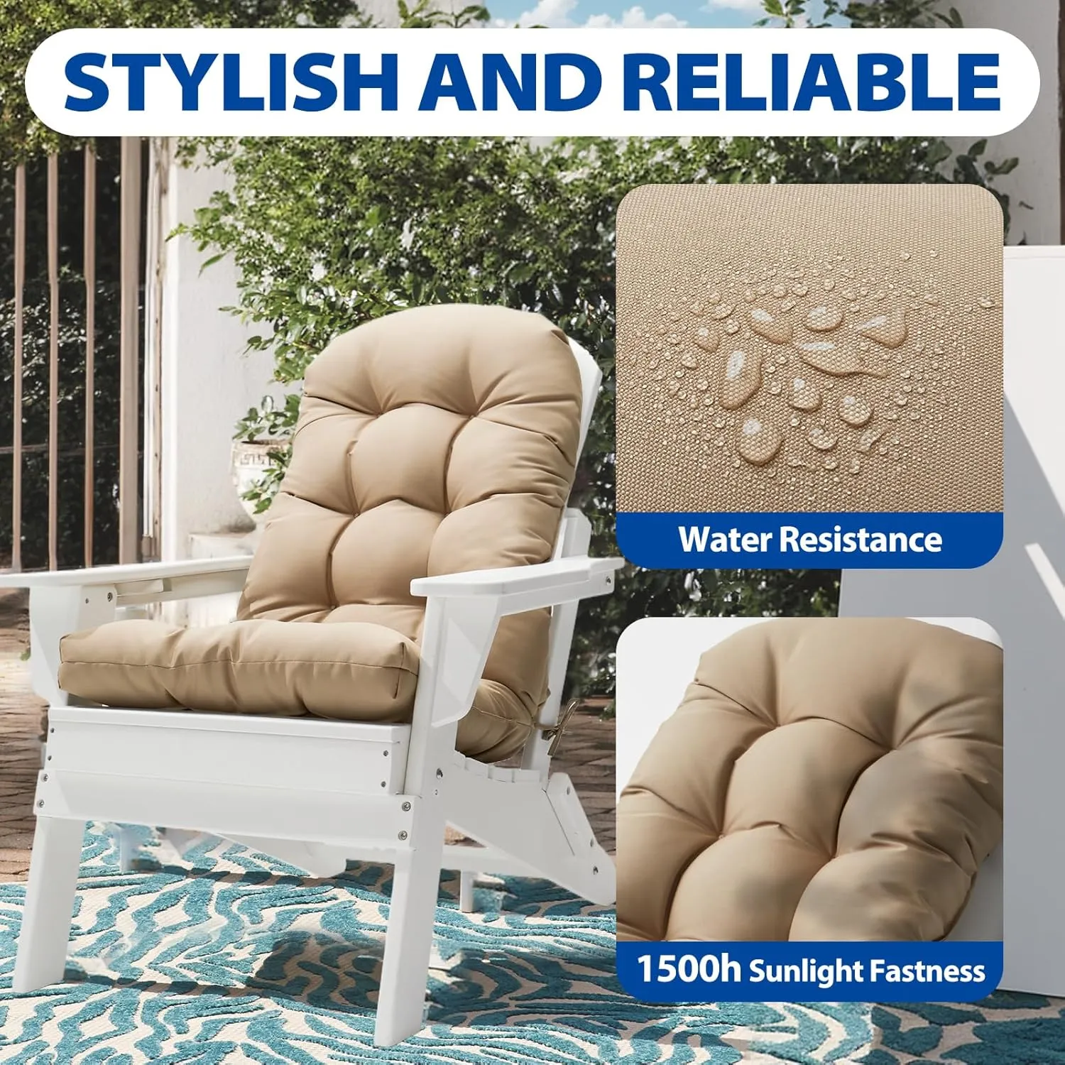 Adirondack Chair Cushion, High Back Patio Cushions with Adjustable Ties, 48.8 x 20.4 x 4.3, Waterproof Tufted Pillow, Fade Resistant Seat Rocking Chair Cushion for Indoor/Outdoor, Khaki, 1