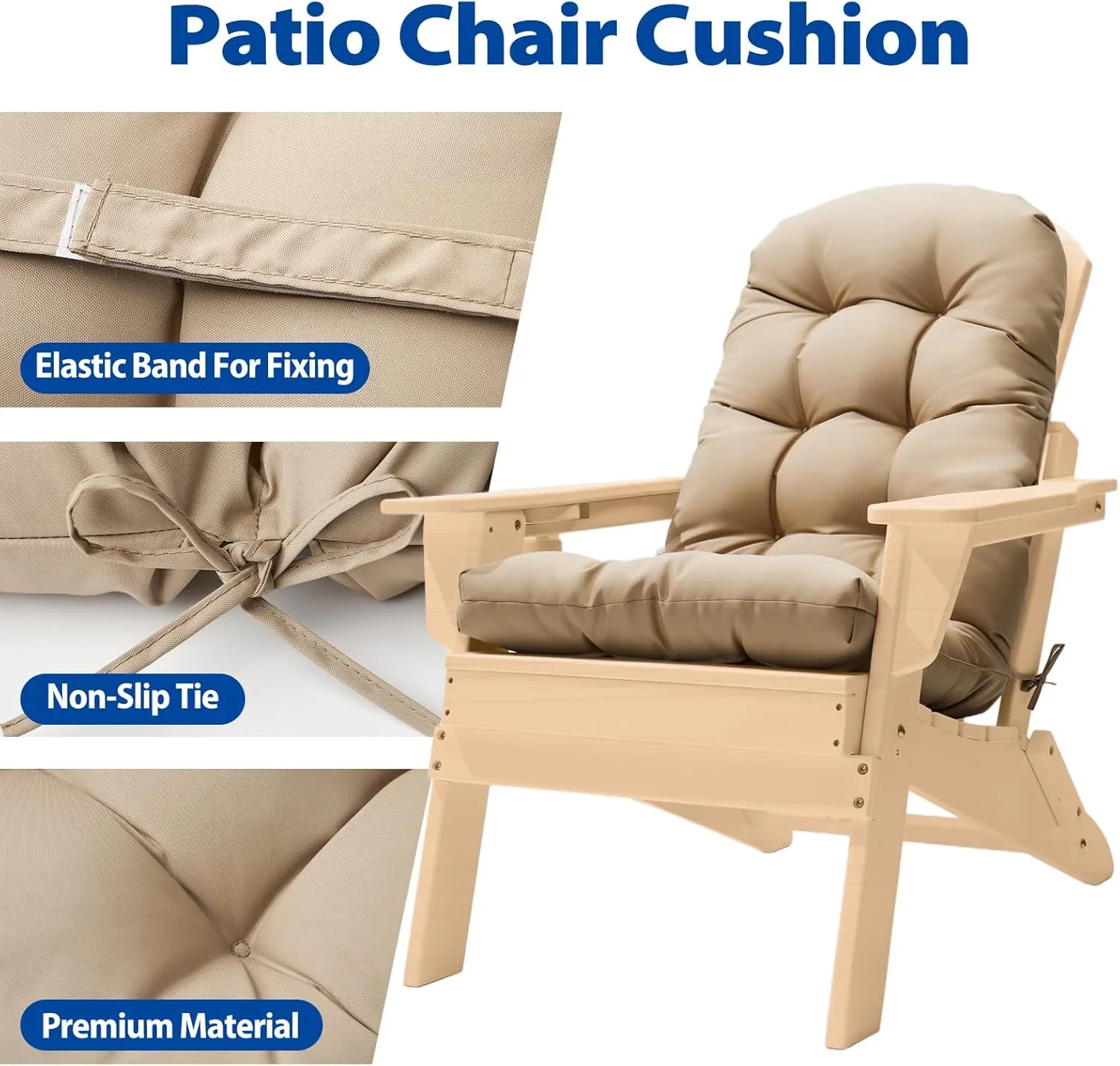 Adirondack Chair Cushion, High Back Patio Cushions with Adjustable Ties, 48.8 x 20.4 x 4.3, Waterproof Tufted Pillow, Fade Resistant Seat Rocking Chair Cushion for Indoor/Outdoor, Khaki, 1