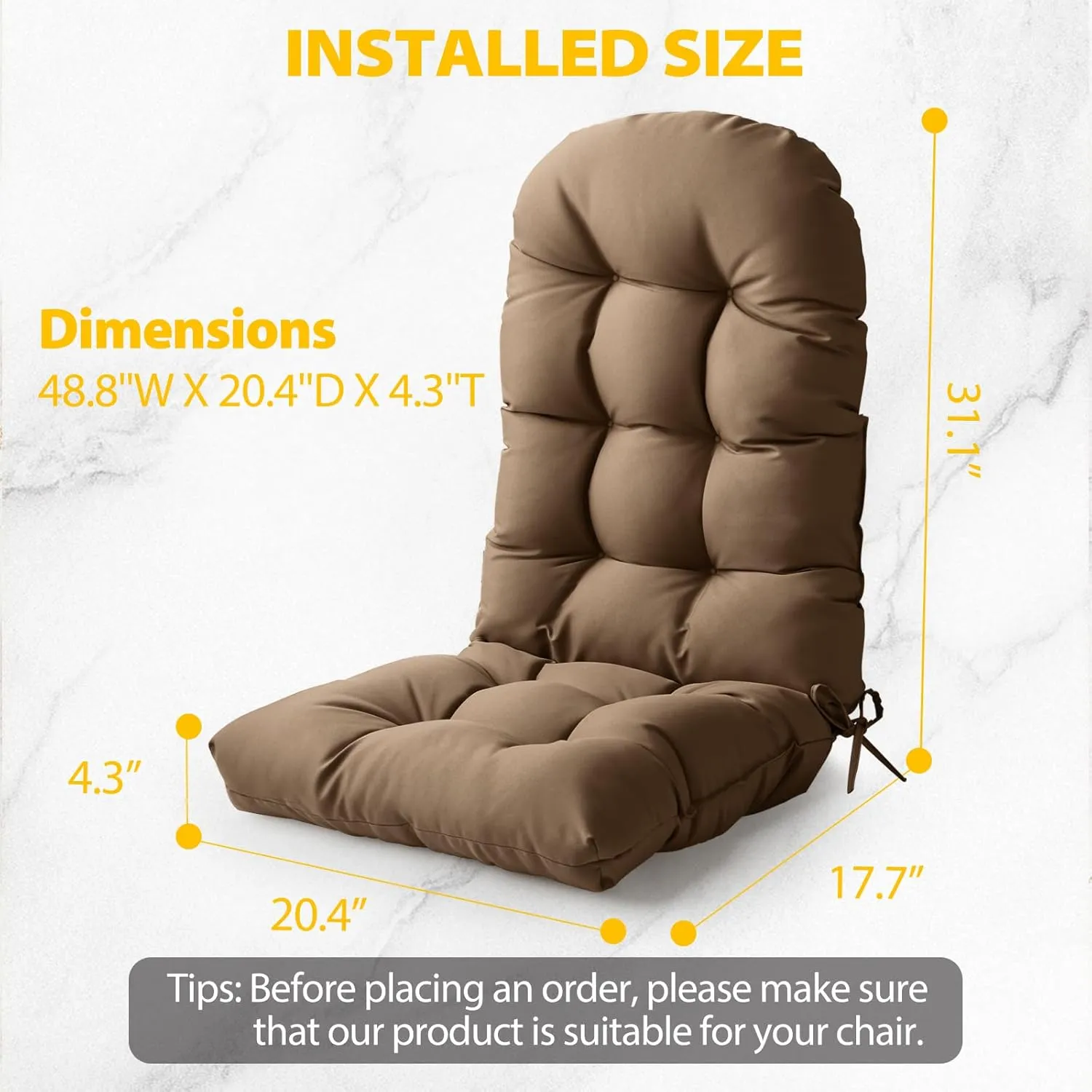 Adirondack Chair Cushion, High Back Patio Cushions with Adjustable Ties, 48.8x20.4x4.3, Waterproof Tufted Pillow, Fade Resistant Seat Rocking Chair Cushion for Indoor/Outdoor, Cappuccino, 1