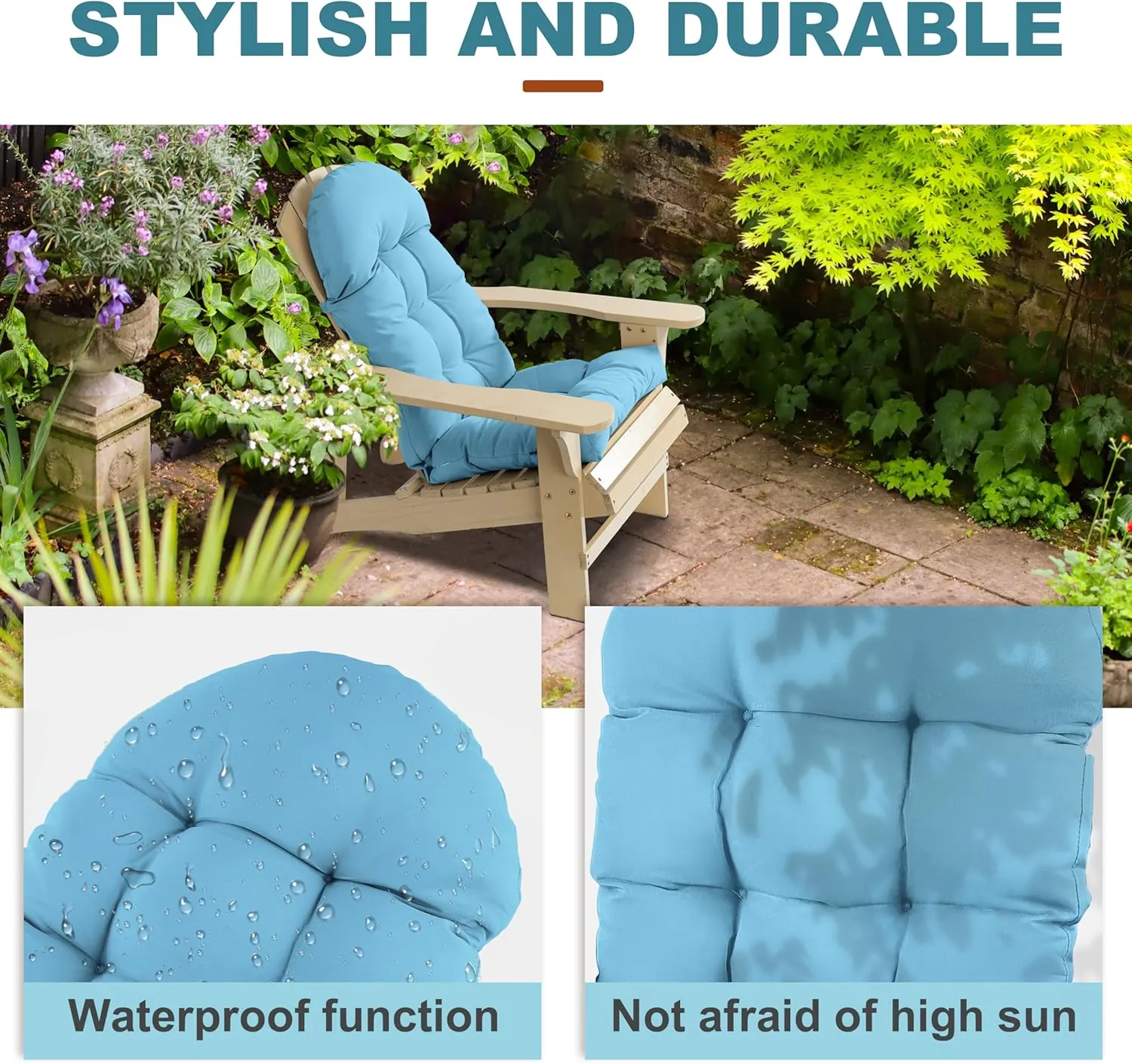 Adirondack Chair Cushion, Rocking Chair Cushion 44x19.4x4 inch, High Back Patio Cushions of Upper and Lower with Ties, Sunscreen and Fade-Resistant (Baltic Sea, 2)