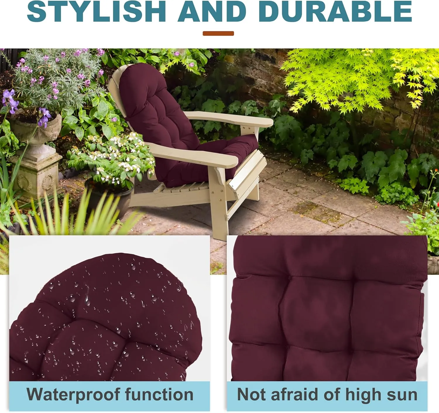 Adirondack Chair Cushion, Rocking Chair Cushion 44x19.4x4 inch, High Back Patio Cushions of Upper and Lower with Ties, Sunscreen and Fade-Resistant (Beaujolais, 1)