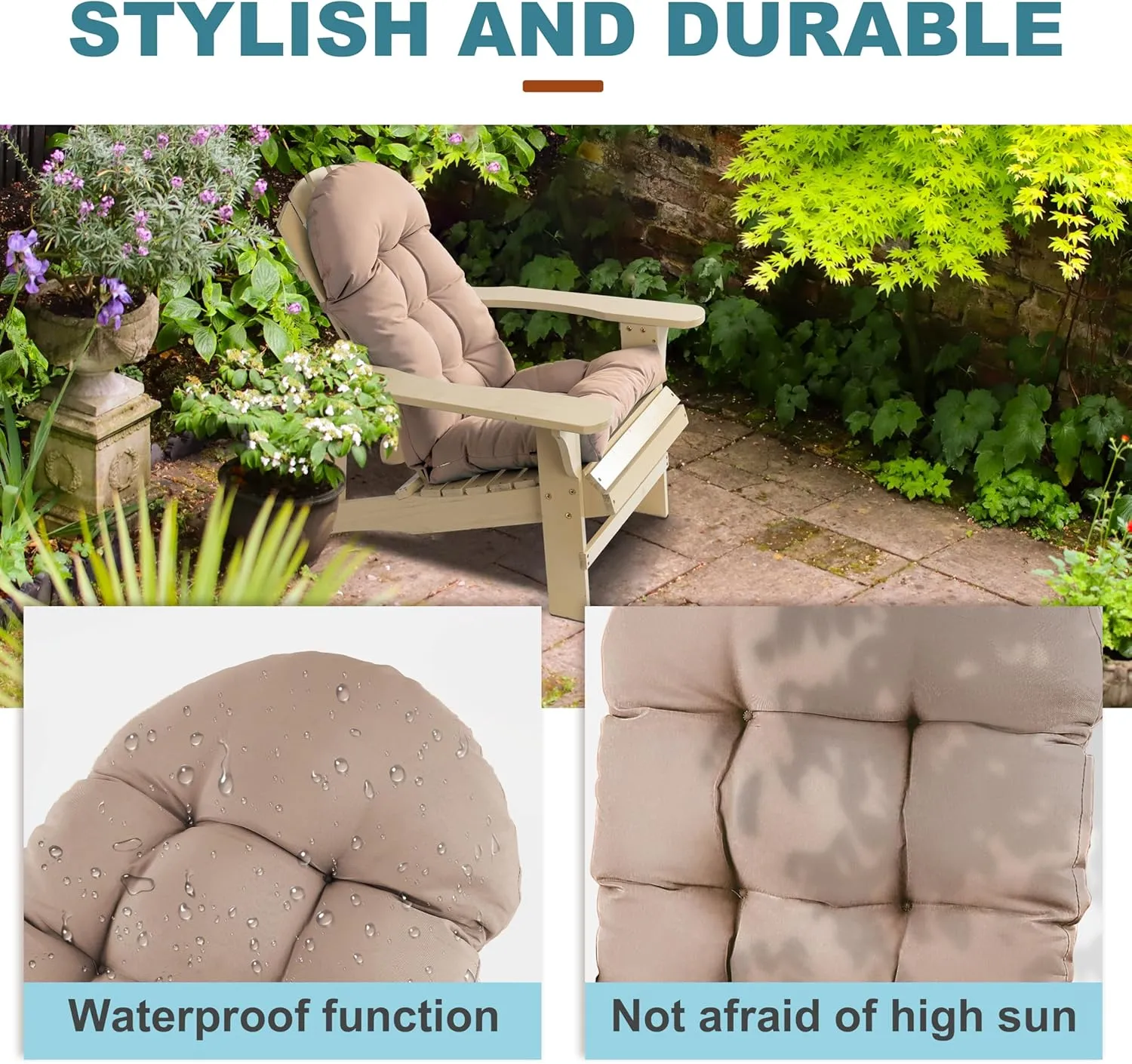 Adirondack Chair Cushion, Rocking Chair Cushion 44x19.4x4 inch, High Back Patio Cushions of Upper and Lower with Ties, Sunscreen and Fade-Resistant (Beige, 1)
