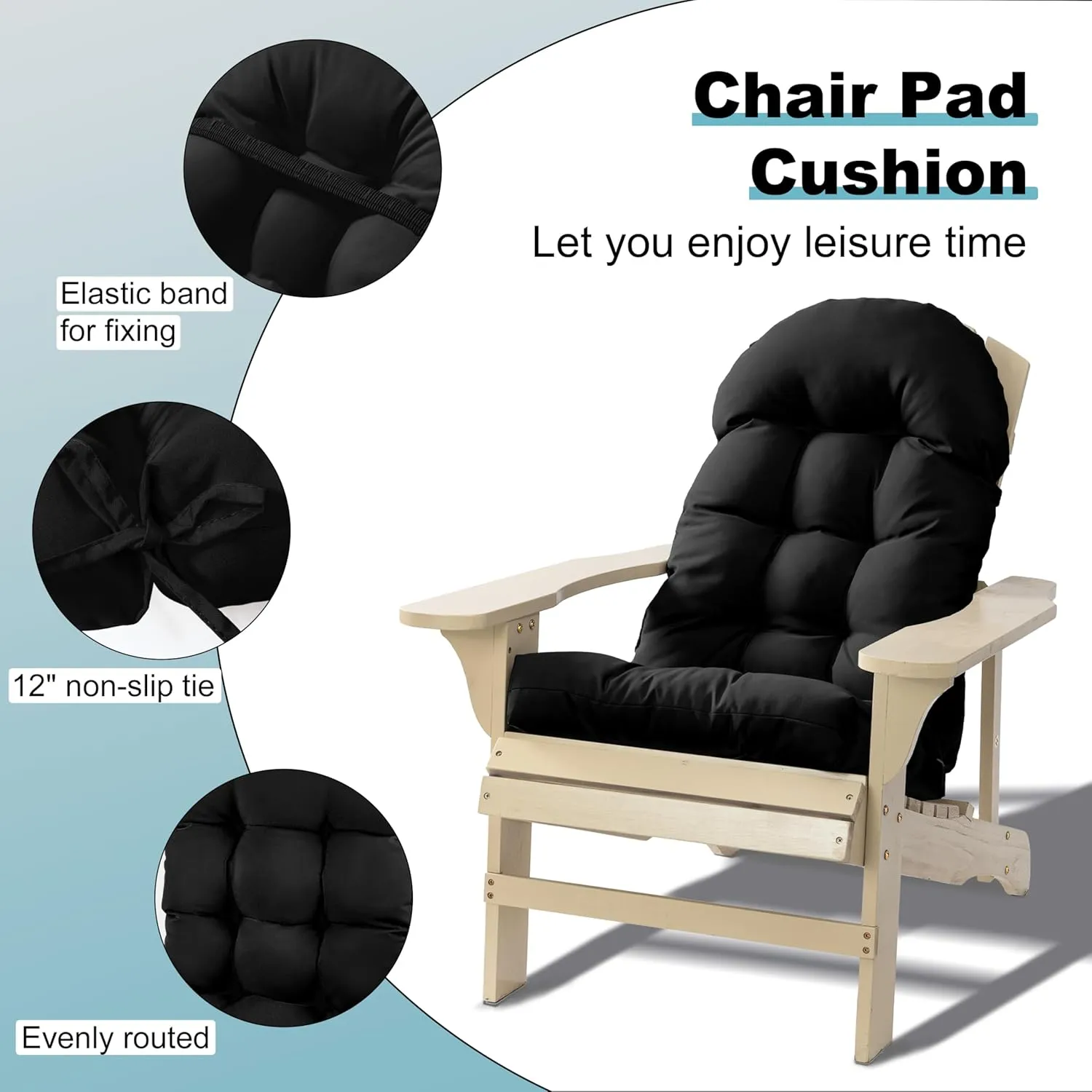 Adirondack Chair Cushion, Rocking Chair Cushion 44x19.4x4 inch, High Back Patio Cushions of Upper and Lower with Ties, Sunscreen and Fade-Resistant (Black, 1)