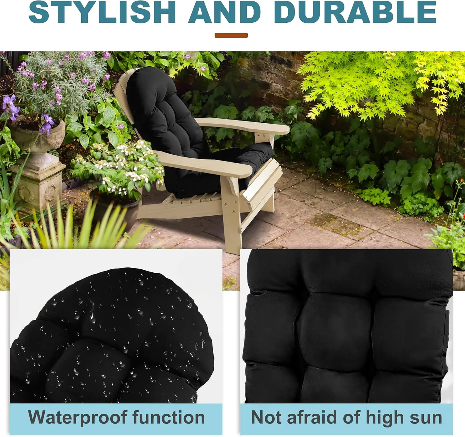 Adirondack Chair Cushion, Rocking Chair Cushion 44x19.4x4 inch, High Back Patio Cushions of Upper and Lower with Ties, Sunscreen and Fade-Resistant (Black, 1)