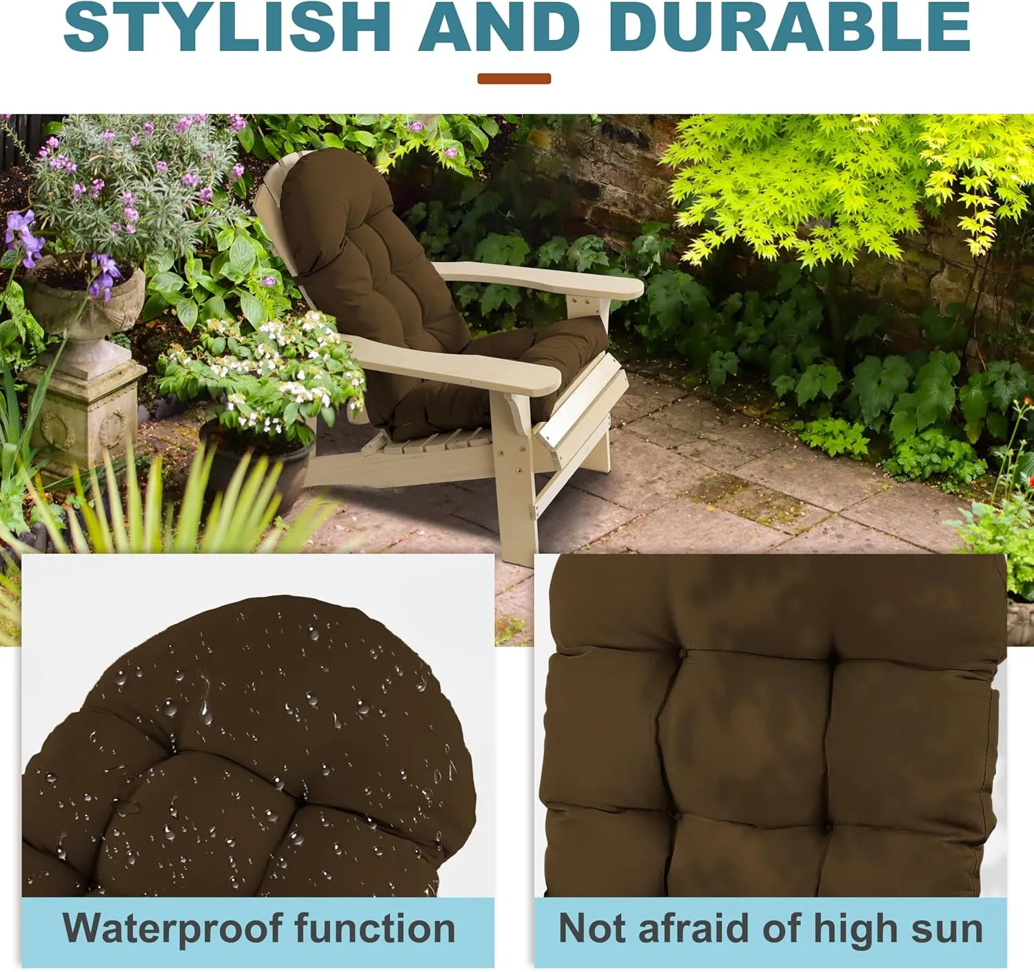 Adirondack Chair Cushion, Rocking Chair Cushion 44x19.4x4 inch, High Back Patio Cushions of Upper and Lower with Ties, Sunscreen and Fade-Resistant (Brown, 1)