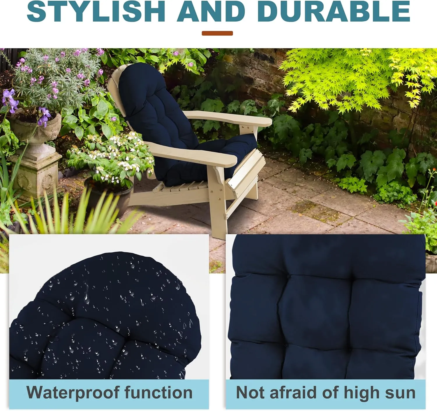 Adirondack Chair Cushion, Rocking Chair Cushion 44x19.4x4 inch, High Back Patio Cushions of Upper and Lower with Ties, Sunscreen and Fade-Resistant (Dark Blue, 1)