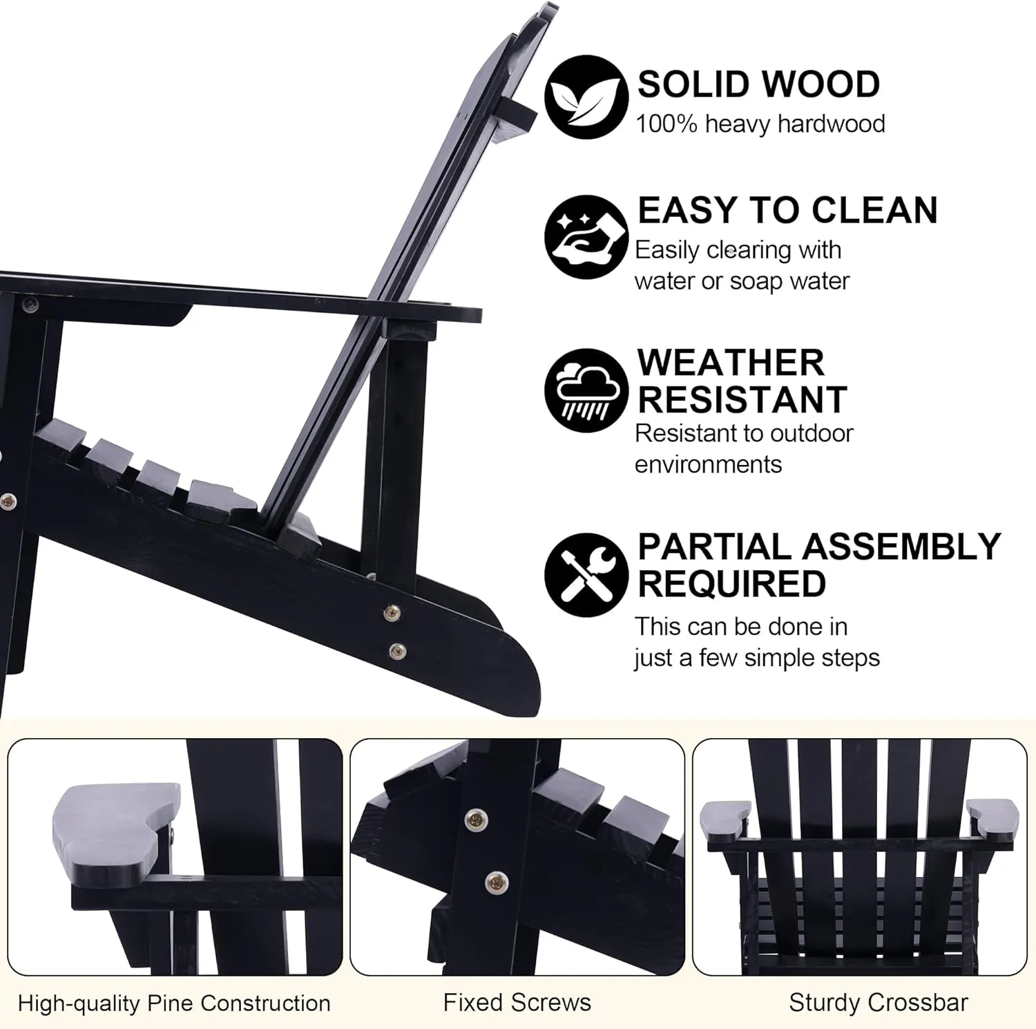 Adirondack Chair Solid Wood Accent Patio Chair Weather Resistant, Fire Pit Lounge Chairs, Ergonomic Outdoor Lounge Chairs for Backyard, Garden, Lawn and Beach (Dark Black)