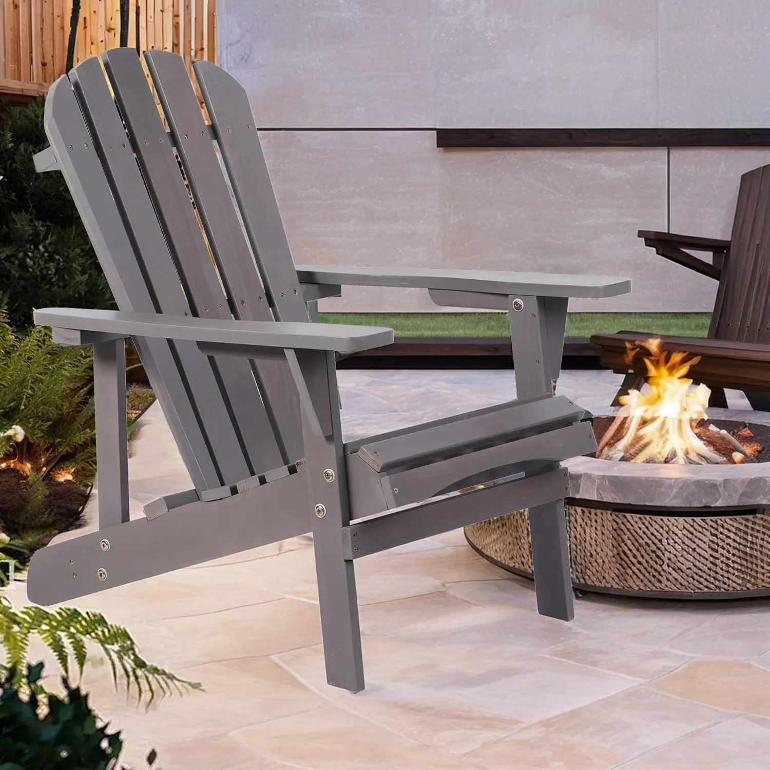 Adirondack Chair Solid Wood Accent Patio Chair Weather Resistant, Fire Pit Lounge Chairs, Ergonomic Outdoor Lounge Chairs for Backyard, Garden, Lawn, and Beach (Dark Gray)