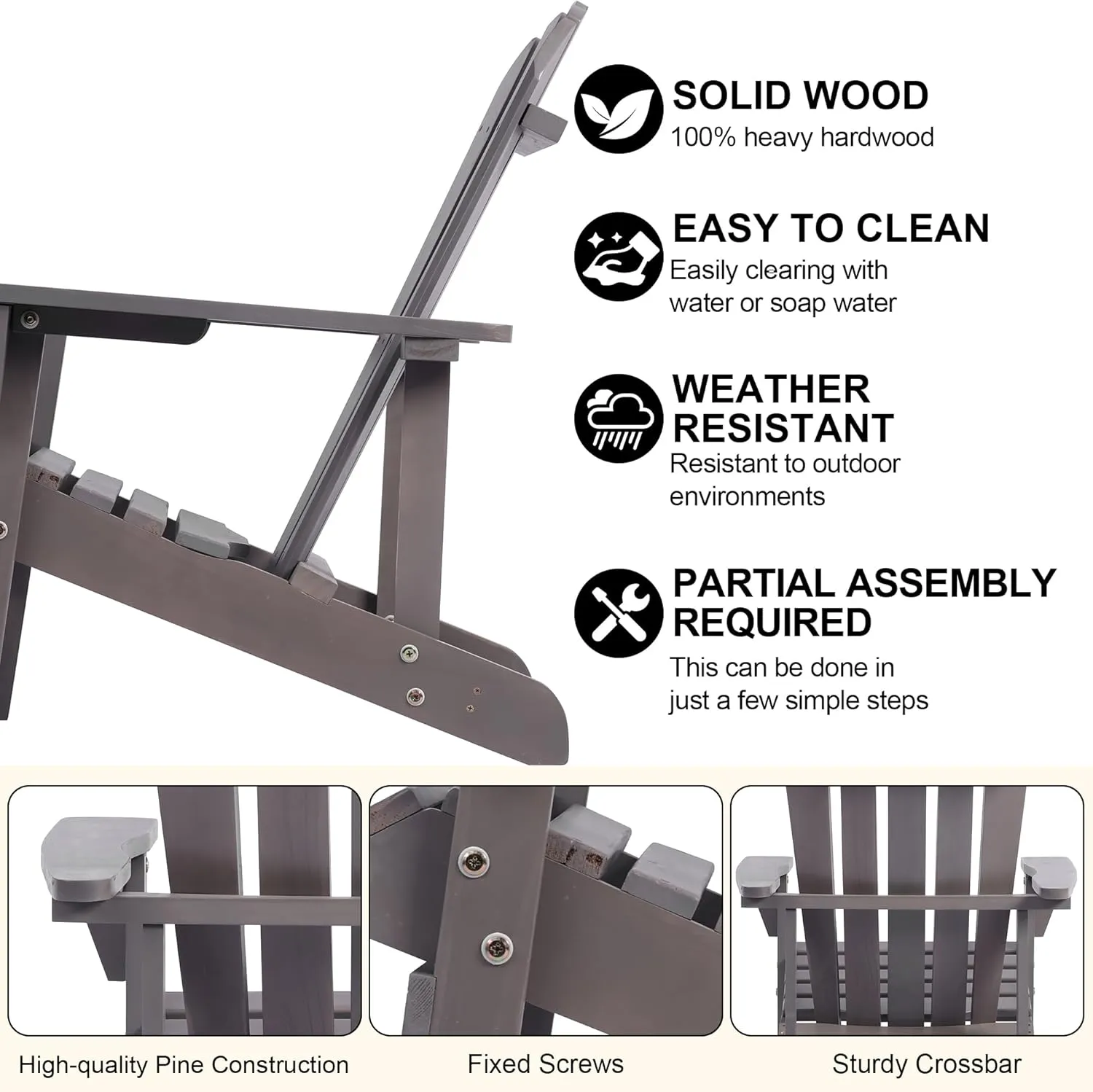 Adirondack Chair Solid Wood Accent Patio Chair Weather Resistant, Fire Pit Lounge Chairs, Ergonomic Outdoor Lounge Chairs for Backyard, Garden, Lawn, and Beach (Dark Gray)