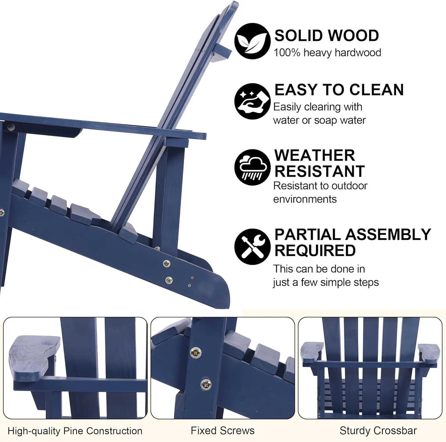 Adirondack Chair Solid Wood Accent Patio Chair Weather Resistant, Fire Pit Lounge Chairs, Ergonomic Outdoor Lounge Chairs for Backyard, Garden, Lawn, and Beach (Navy Blue)