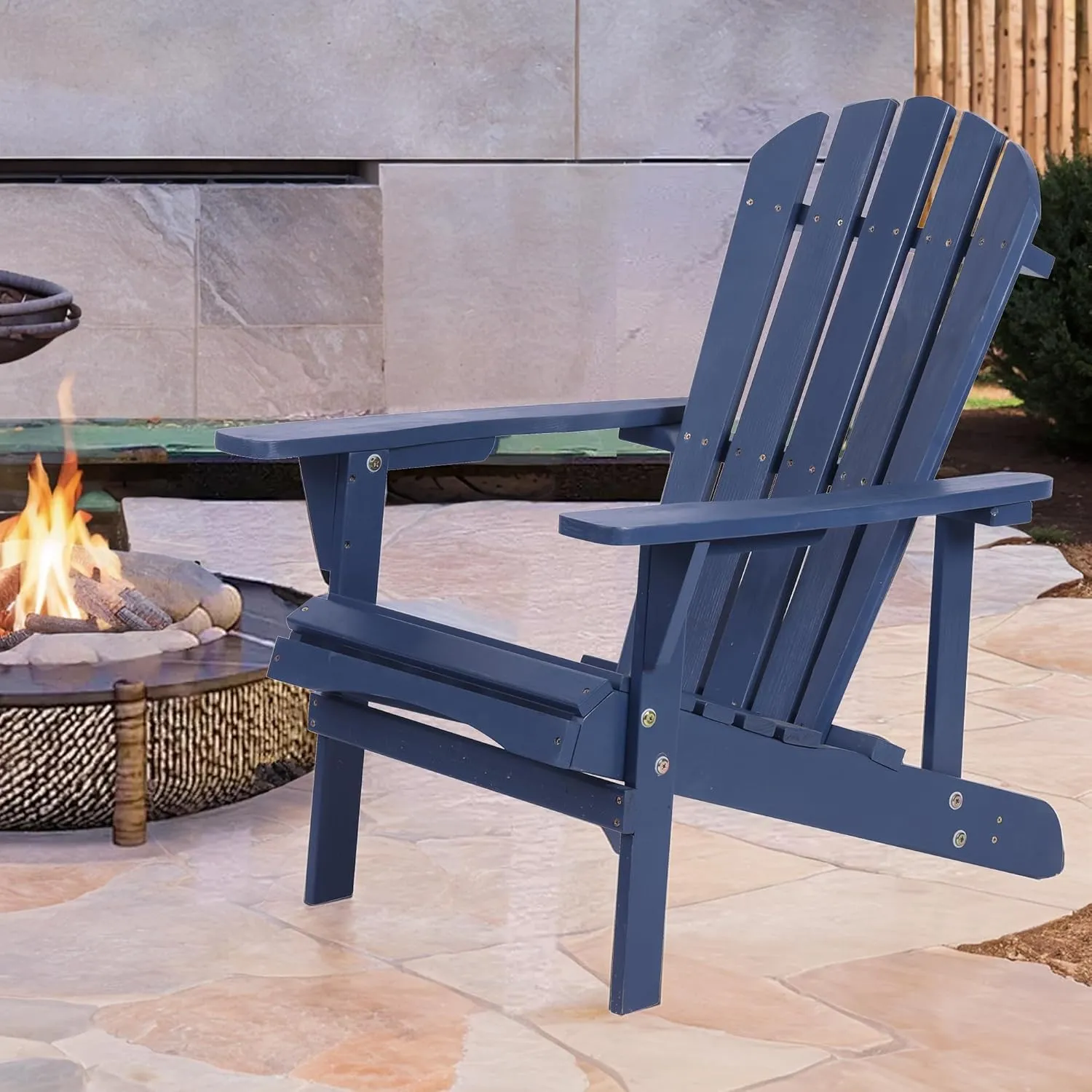 Adirondack Chair Solid Wood Accent Patio Chair Weather Resistant, Fire Pit Lounge Chairs, Ergonomic Outdoor Lounge Chairs for Backyard, Garden, Lawn, and Beach (Navy Blue)
