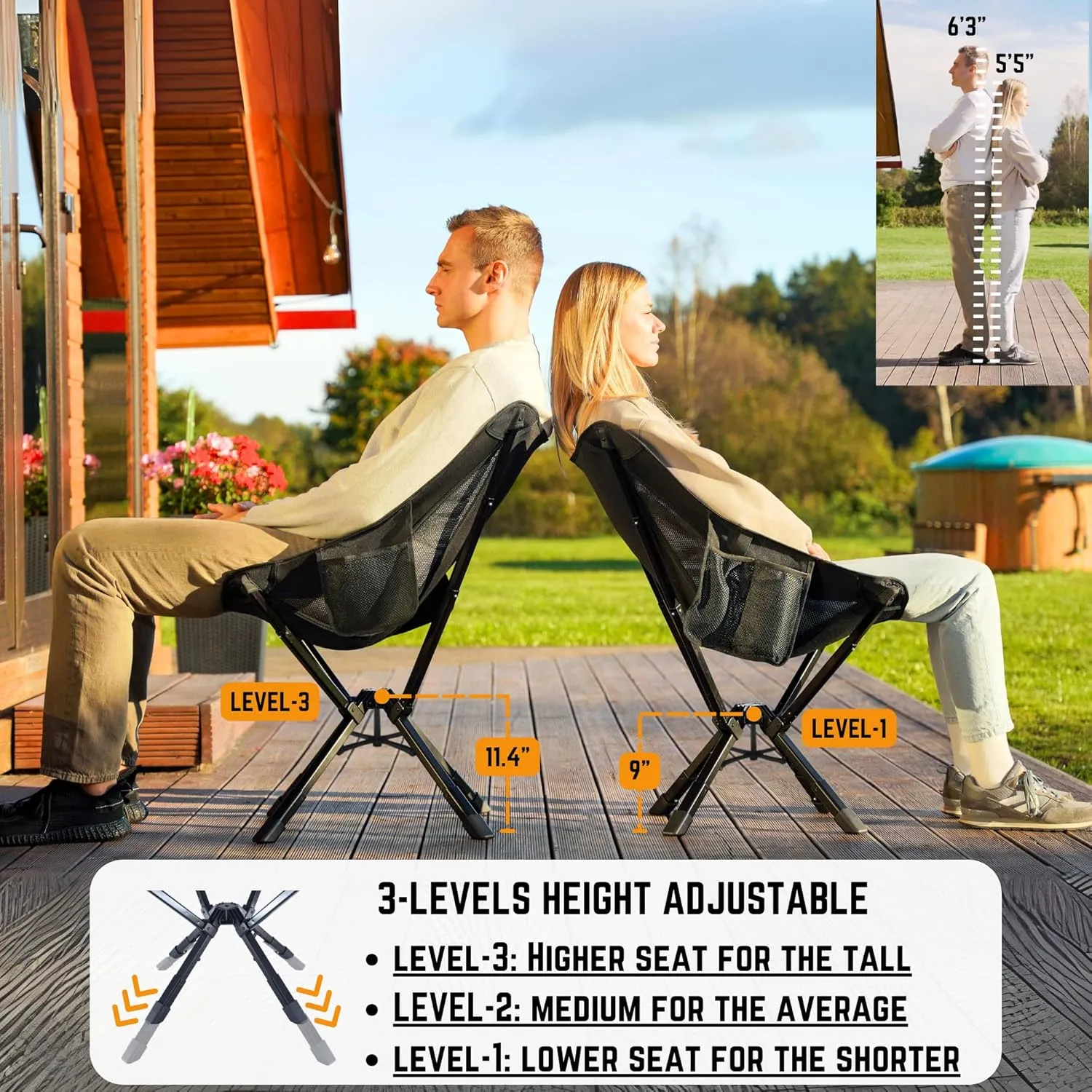 ADJ-S2 Portable Camping Chair - Adjustable Height Folding Chair, Compact Collapsible Chair Setup in 8s, Outdoor Chair for Camping, Beach, Sports/Music Events, Supports 330LBS - 2025 Edition