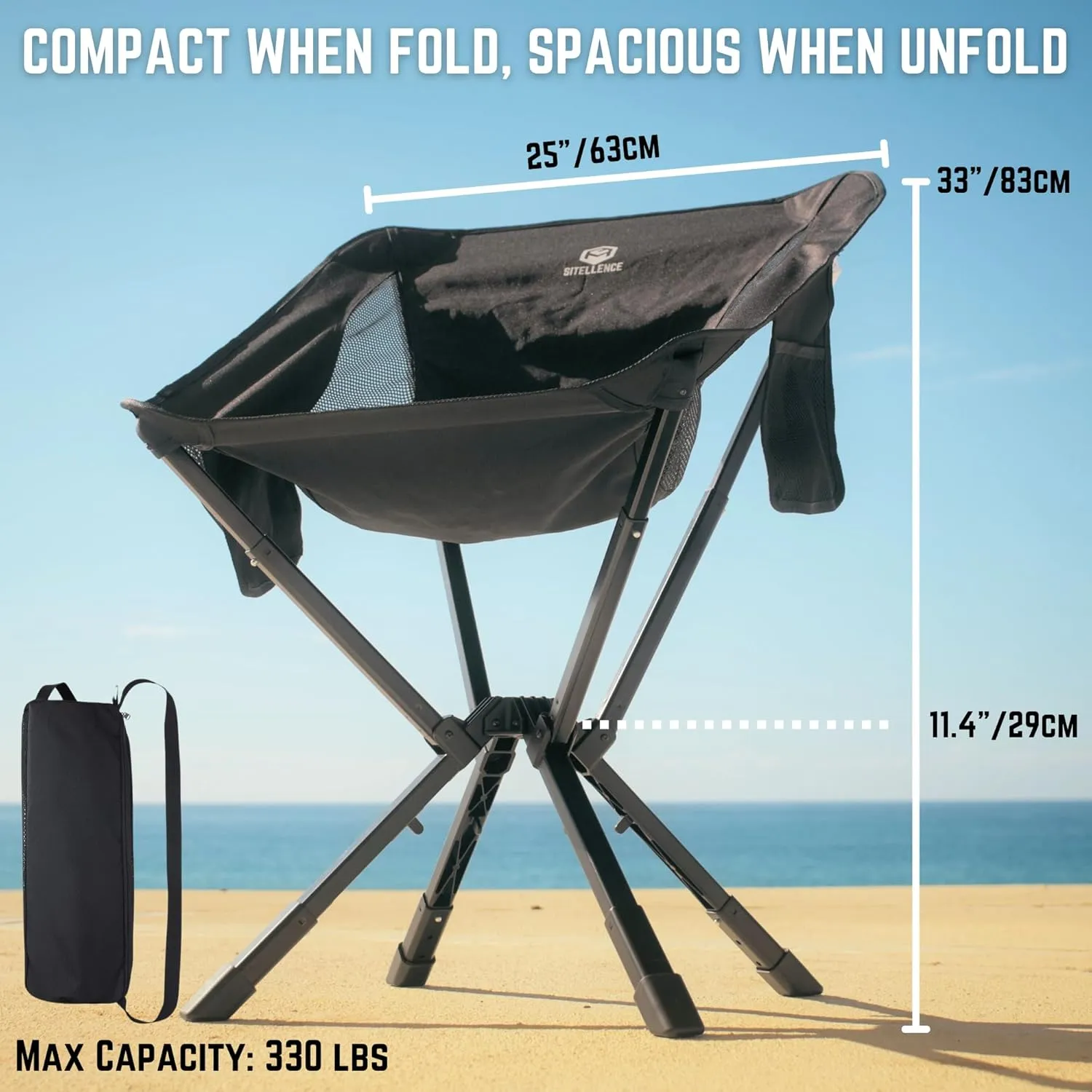 ADJ-S2 Portable Camping Chair - Adjustable Height Folding Chair, Compact Collapsible Chair Setup in 8s, Outdoor Chair for Camping, Beach, Sports/Music Events, Supports 330LBS - 2025 Edition