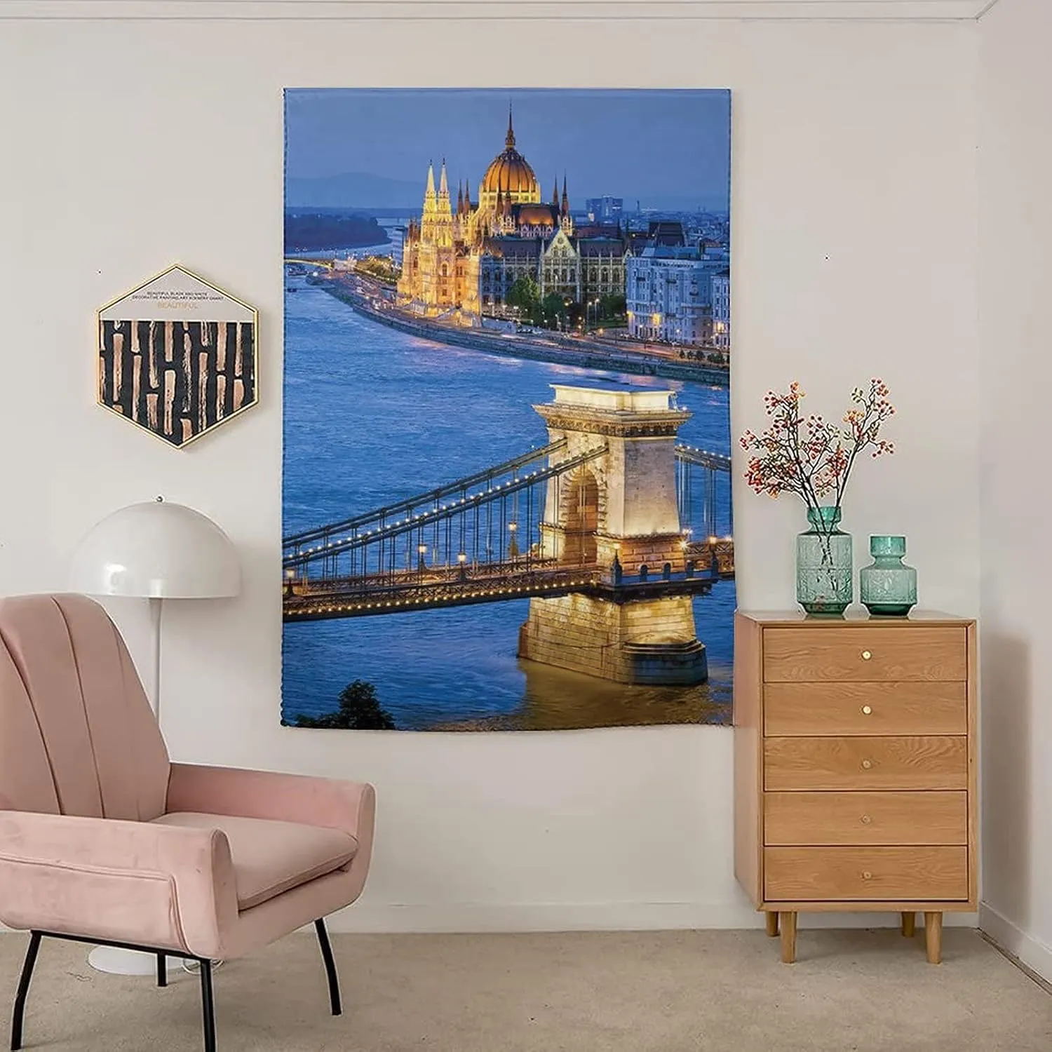 Adjustable Blackout Shades, European Cityscape Portable Blackout Curtain, River Of Budapest at Evening Illuminated Bridge Hungarian Print Living Room Bedroom Window Drapes,59W x72L Inches,for Bathroom