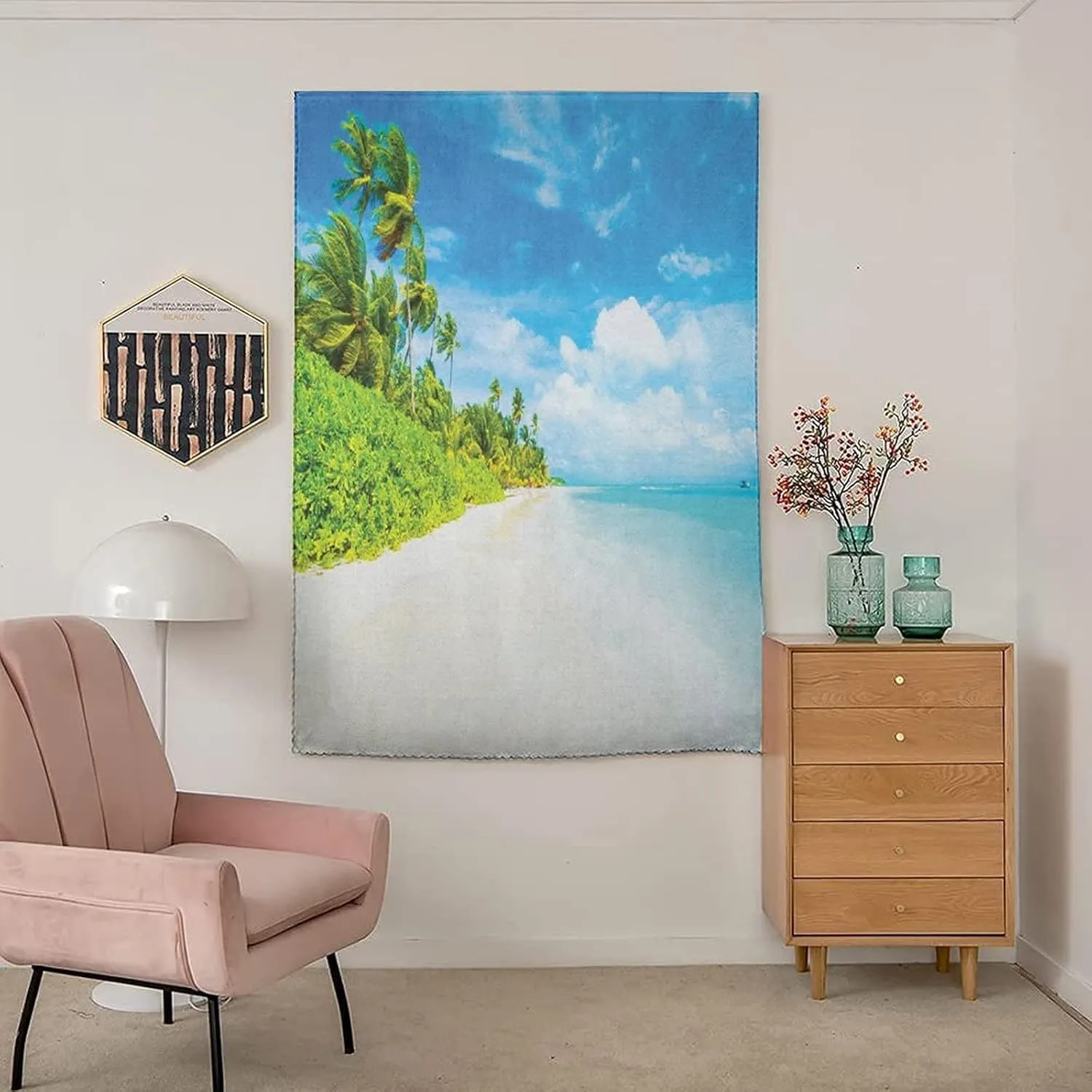 Adjustable Blackout Shades, Ocean Portable Blackout Curtain, Tropical Beach Sea Sky Landscape with Coconut Palm Trees Modern Print Living Room Bedroom Window Drapes,24W x40L Inches, for Kitchen