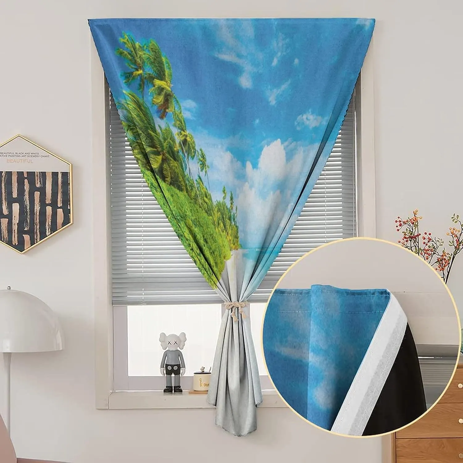 Adjustable Blackout Shades, Ocean Portable Blackout Curtain, Tropical Beach Sea Sky Landscape with Coconut Palm Trees Modern Print Living Room Bedroom Window Drapes,24W x40L Inches, for Kitchen