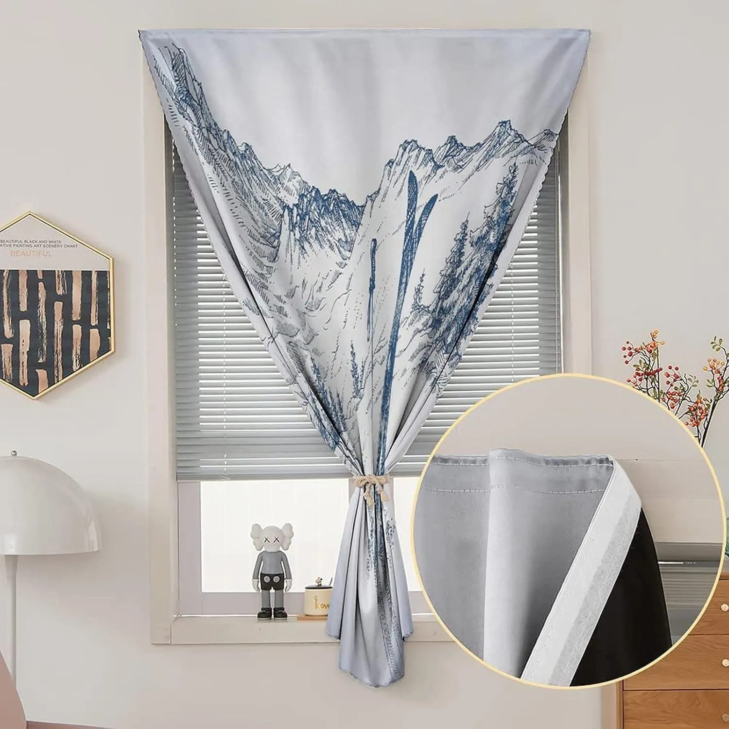 Adjustable Blackout Shades, Winter Portable Blackout Curtain, Sketchy Graphic of a Downhill with Ski in Snow Print Living Room Bedroom Window Drapes,24W x40L Inches, for Bathroom Living Room Bedroom
