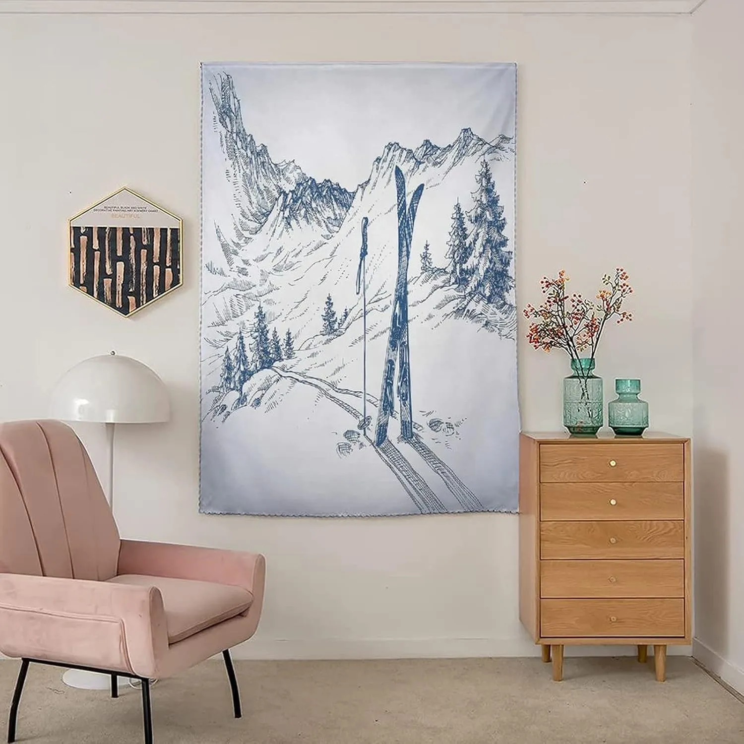 Adjustable Blackout Shades, Winter Portable Blackout Curtain, Sketchy Graphic of a Downhill with Ski in Snow Print Living Room Bedroom Window Drapes,24W x40L Inches, for Bathroom Living Room Bedroom