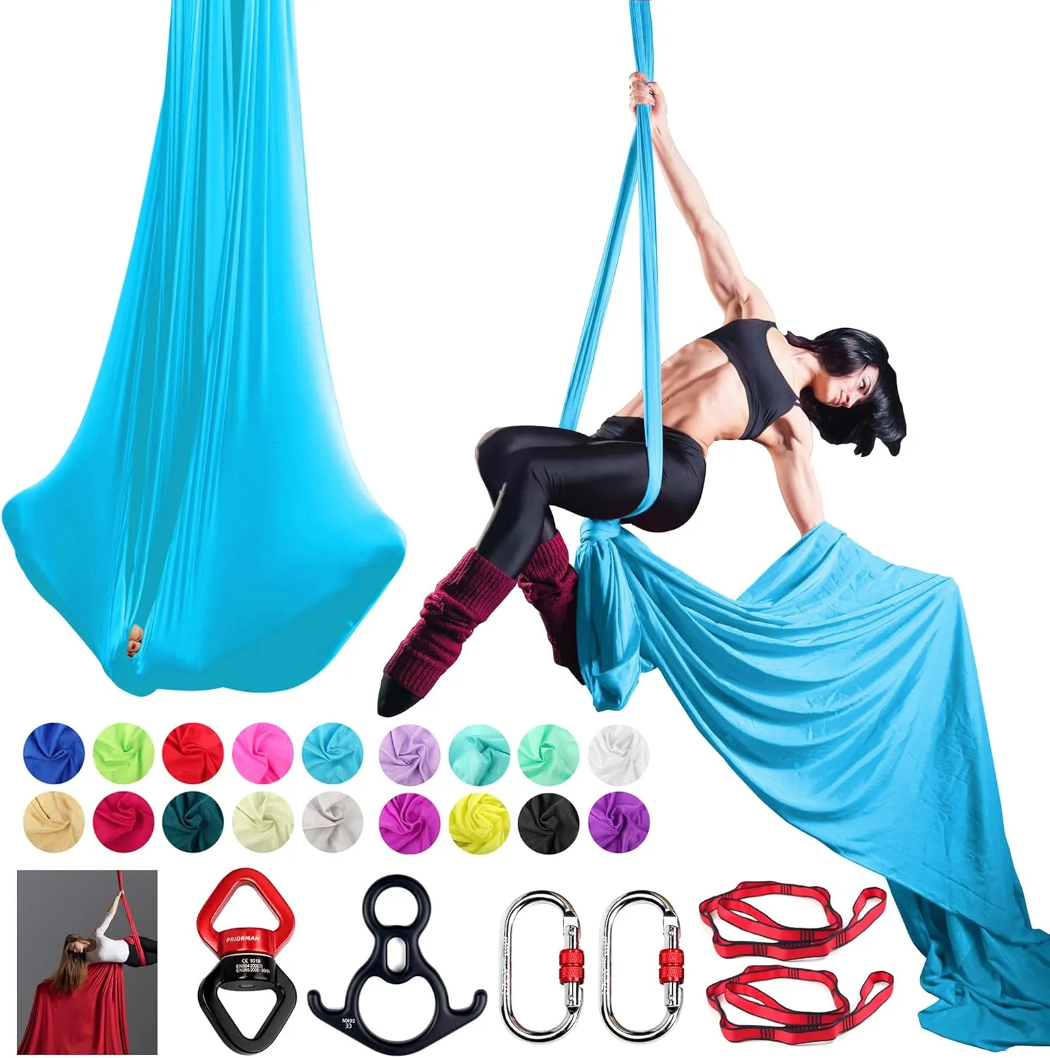 Aerial Silks Set, Premium Ariel Yoga Hammock 9 Yards Aerial Silk, Low-Stretch Fabric, Yoga Starter Kit for Home, Aerial Rig for All Skill Levels - All Hardware Included