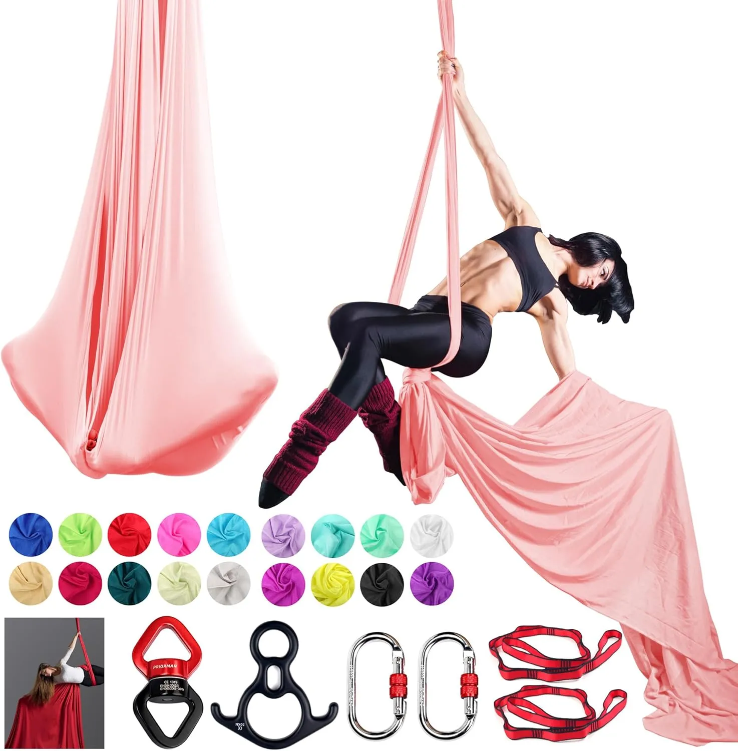 Aerial Silks Set, Premium Ariel Yoga Hammock 9 Yards Aerial Silk, Low-Stretch Fabric, Yoga Starter Kit for Home, Aerial Rig for All Skill Levels - All Hardware Included