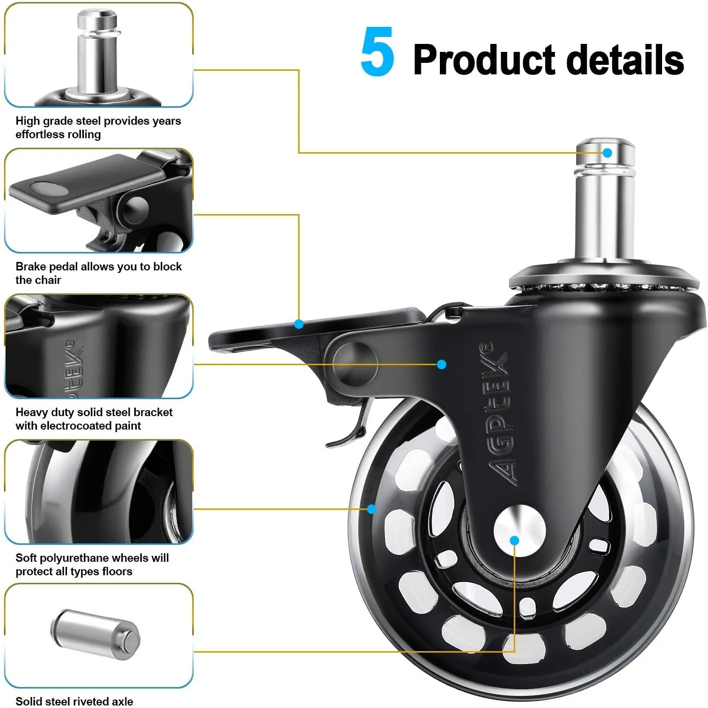 AGPtEK Office Chair Casters with Brake Heavy Duty 2.5" Universal Fit Locking Casters with Screwdriver, Safe Roller Wheel Replacement All with Brake System for Hardwood Floors Mat Carpet Tile, Set of 5