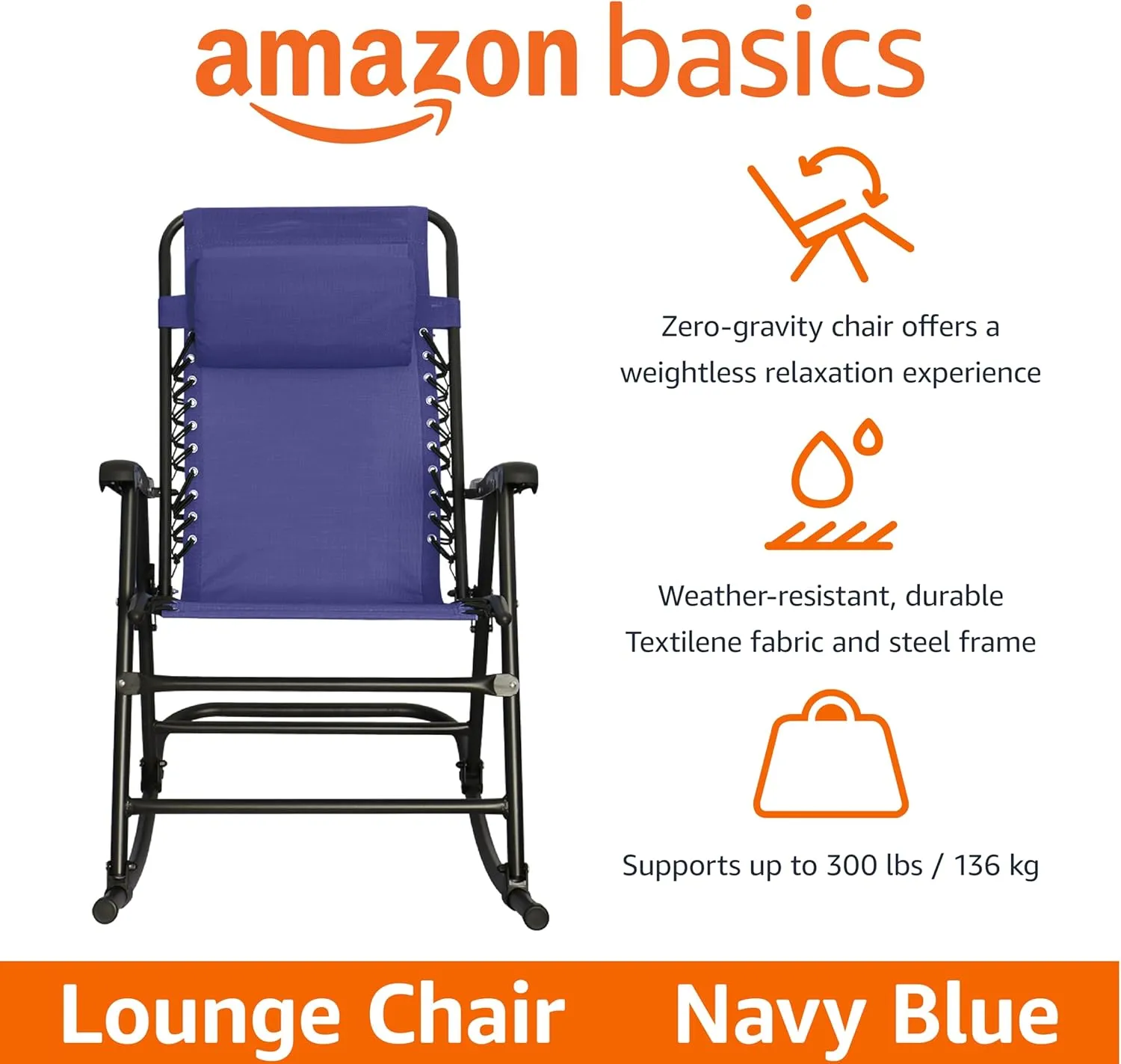 Amazon Basics Outdoor Patio Folding Reclining Lounge Rocking Chair with Pillow, Affordable Folding Chairs for Outside, Navy