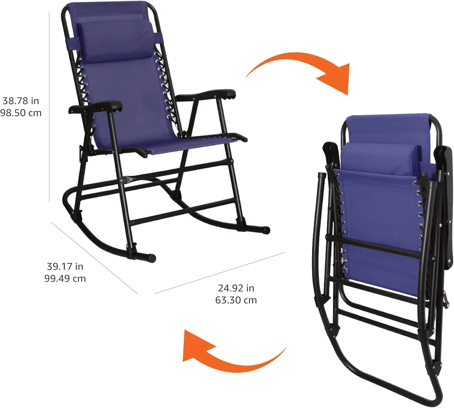 Amazon Basics Outdoor Patio Folding Reclining Lounge Rocking Chair with Pillow, Affordable Folding Chairs for Outside, Navy