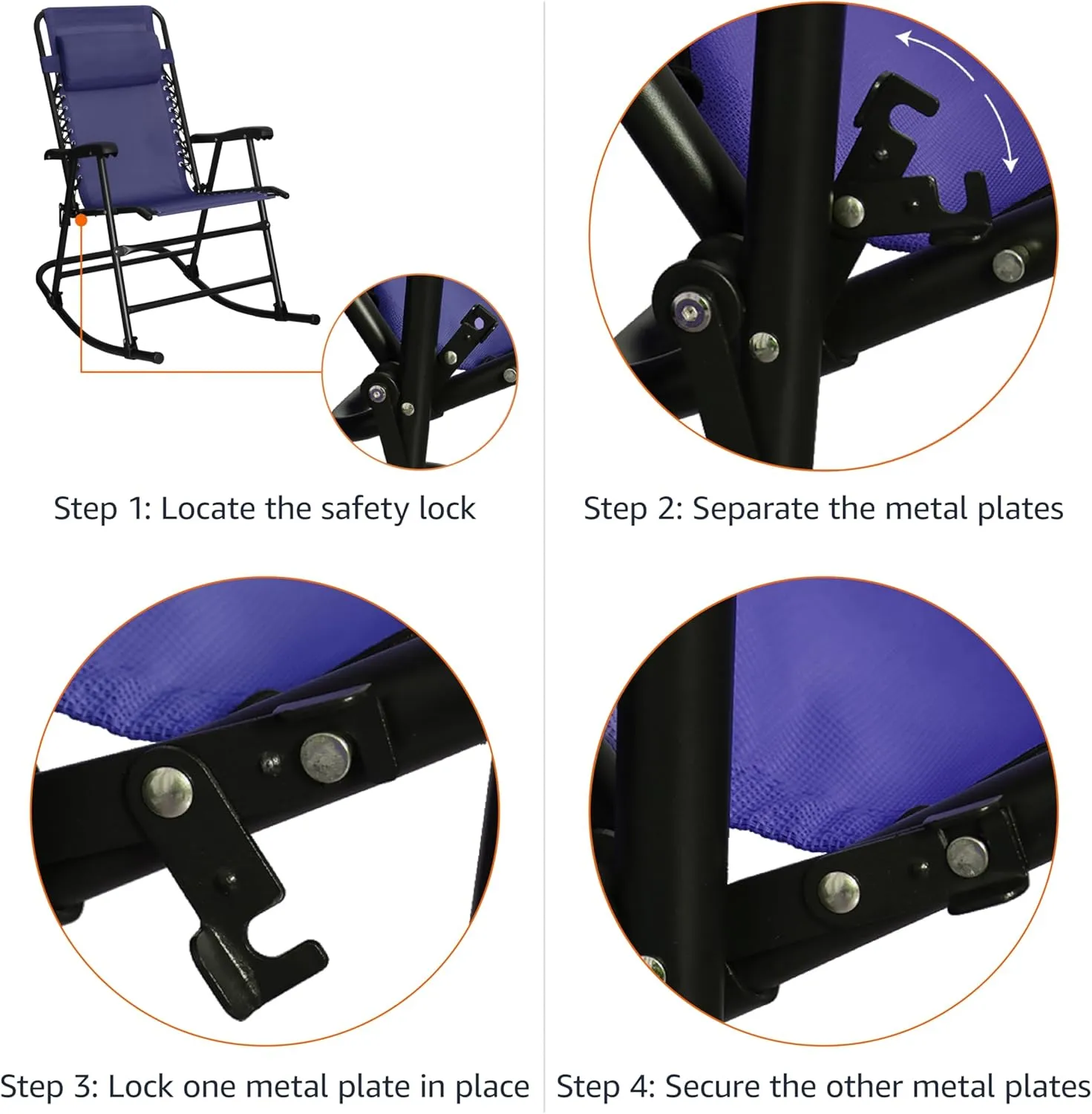Amazon Basics Outdoor Patio Folding Reclining Lounge Rocking Chair with Pillow, Affordable Folding Chairs for Outside, Navy